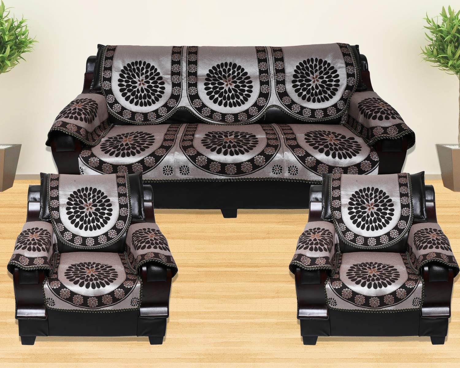 AKB EXPORTSCotton 12 Pcs Rangoli Design Sofa Covers Set of 5 Seater (3+1+1) – Black, Grey,Gold