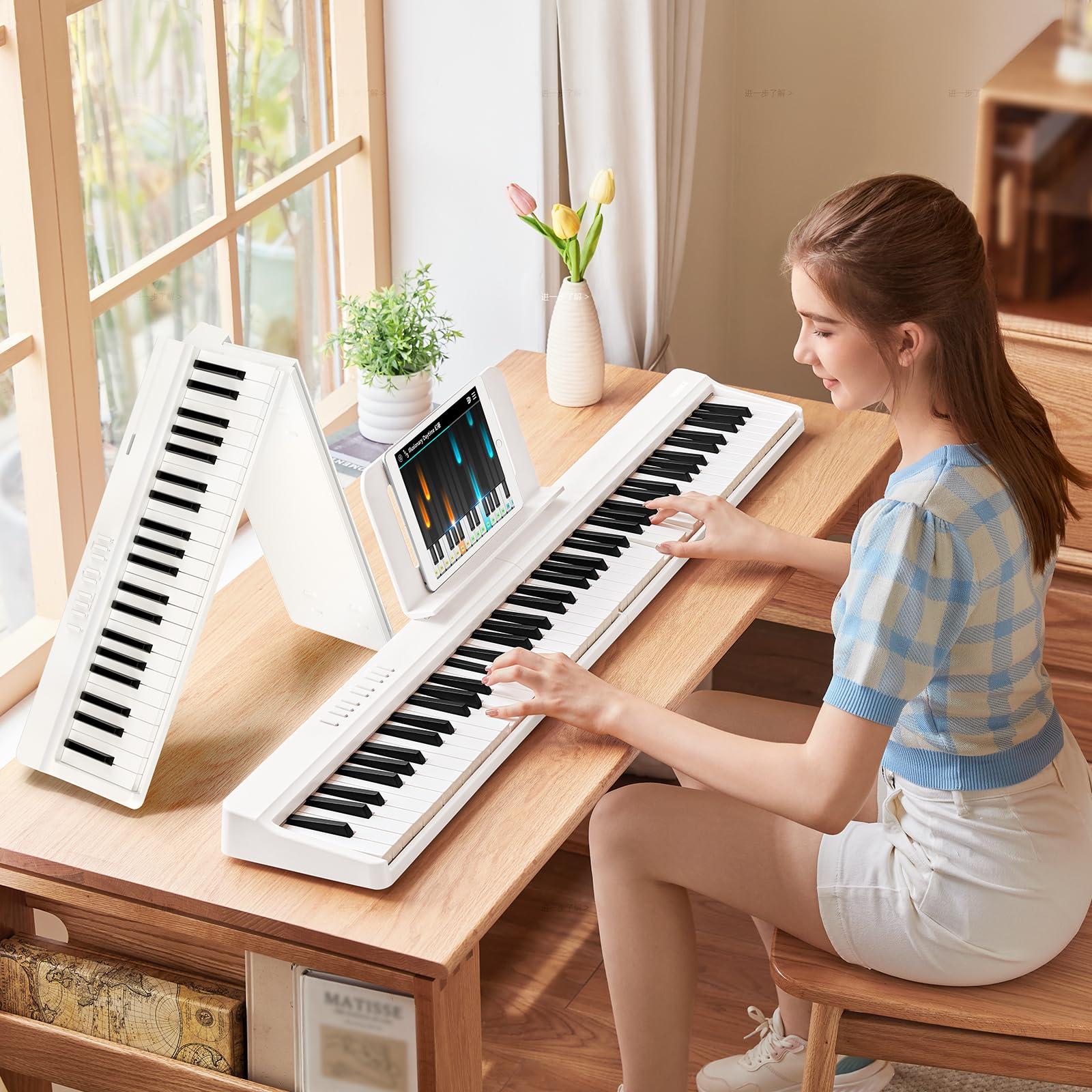 TERENCE E Piano 88 Tasten Weiß, Keyboard Piano mit Halbgewichtet, Faltbares Klavier mit Aufnahme und Bluetooth-Unterstützung, mit Pedal und 4-Einheiten-Lautsprecher, Bevorzugte Wahl für Anfänger