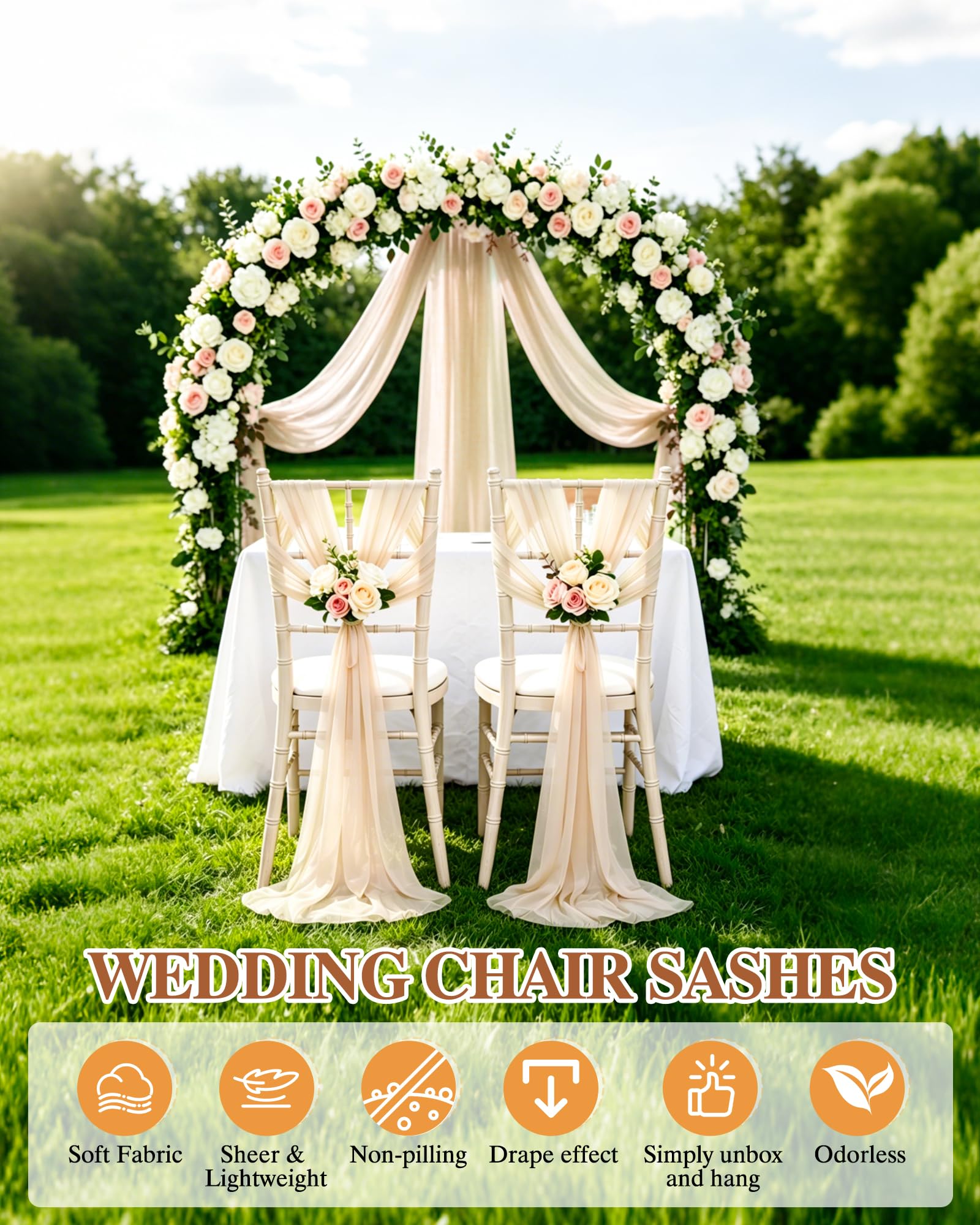 24 Pack Chair Sashes Sheer Chiffon Chair Bows Chair Cover Back Tie Drapes Decor for Bridal Wedding Aisle Ceremony Church Banquet (20*275cm, Champagne)