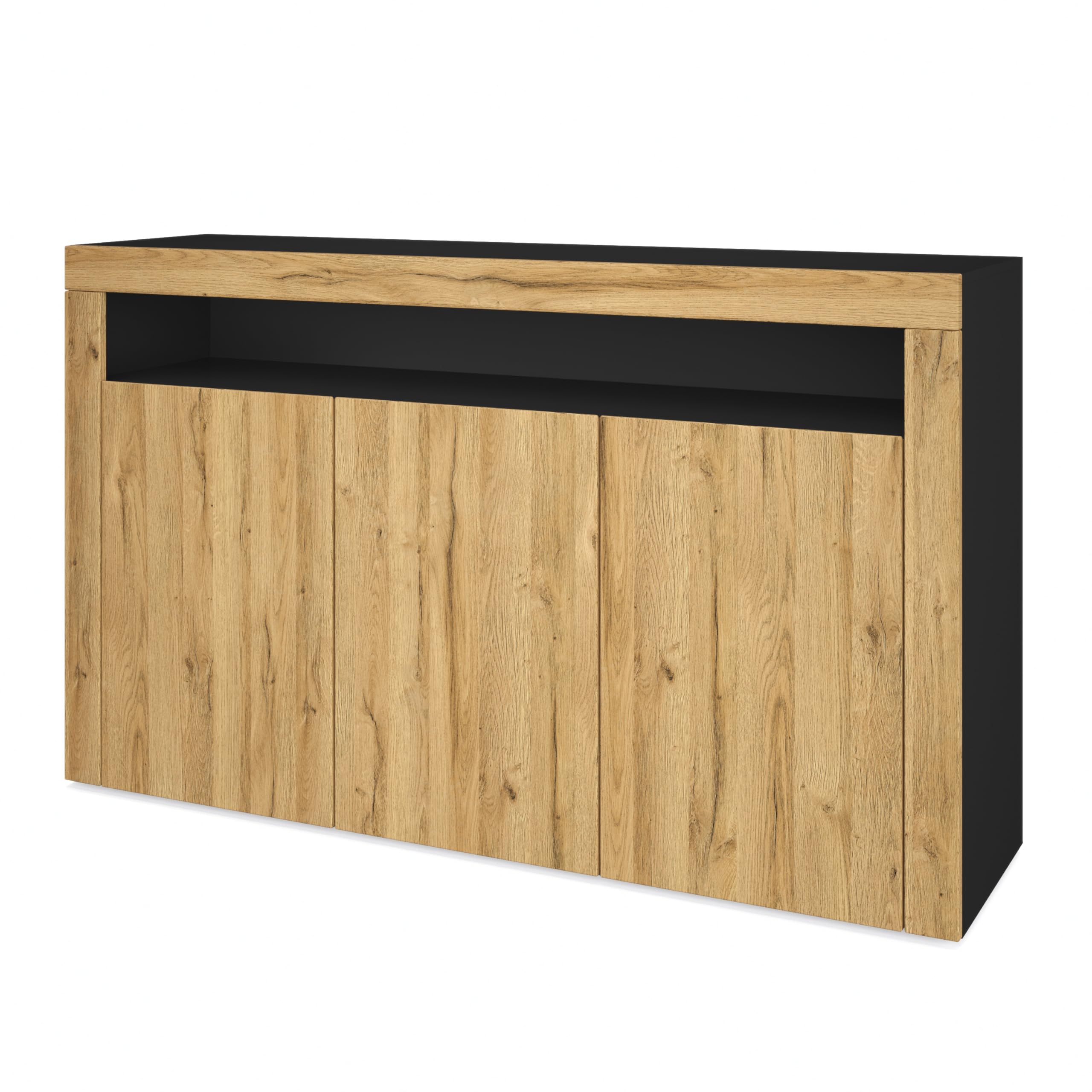 Vladon Sideboard Valencia, Kommode mit 3 Türen und 1 offenem Fach, Schwarz matt/Eiche Natur (155 x 92 x 40 cm)