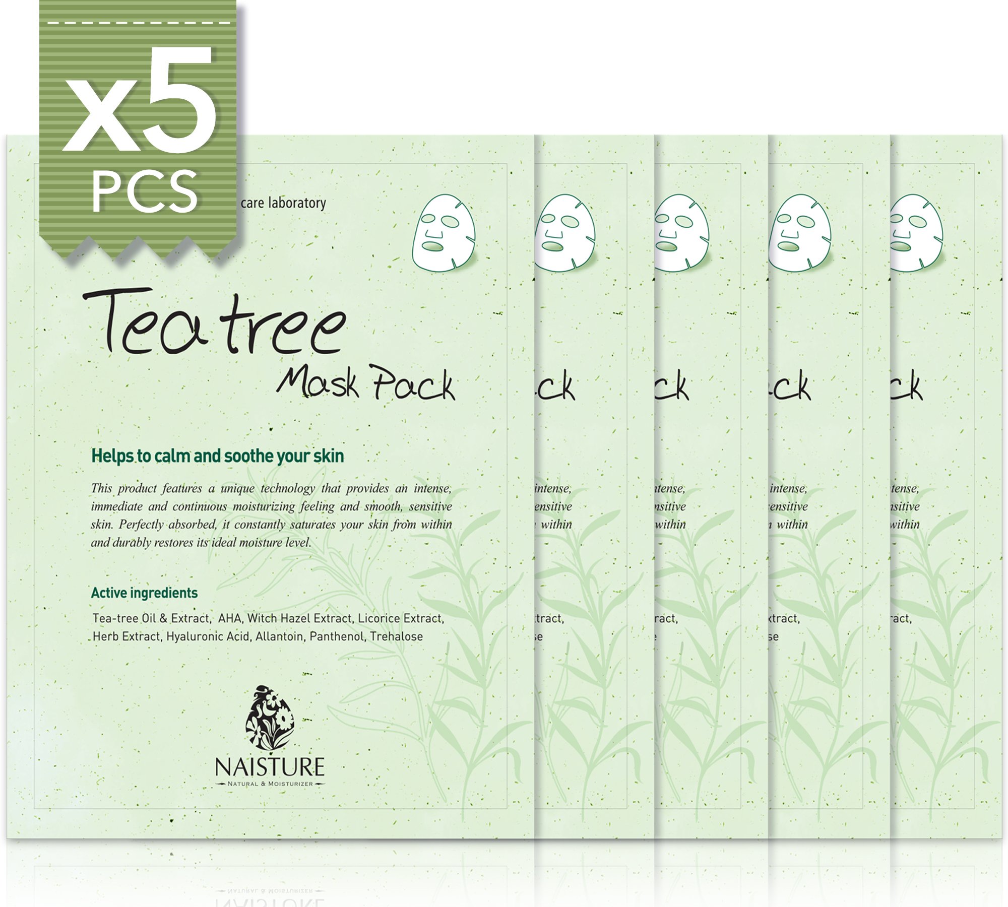 Facial Sheet Mask Face Treatment (5 Pack) Pure 100% Cotton, Smooth & Moisturizing, Calm and Soothe Irritated All Types of Skin for Enhanced Clarity, 24mL Made in Korea - Tea Tree