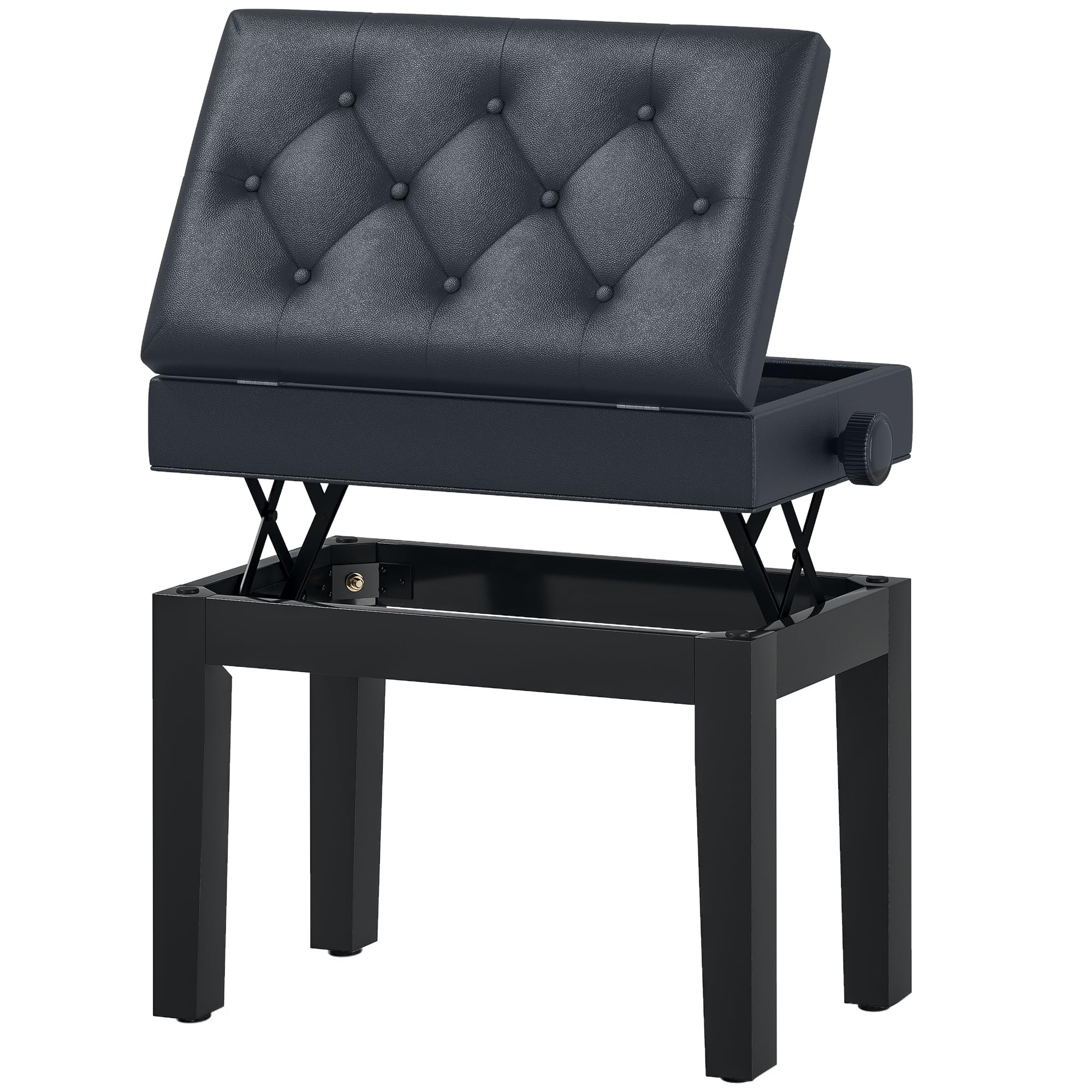 HOMCOM Banc de Piano, Banc de Clavier réglable en Hauteur en Bois Massif, Tabouret Piano avec Compartiment caché, siège rembourré polyuréthane à 10 Boutons, Stable et antidérapant, Charge 200kg, Noir