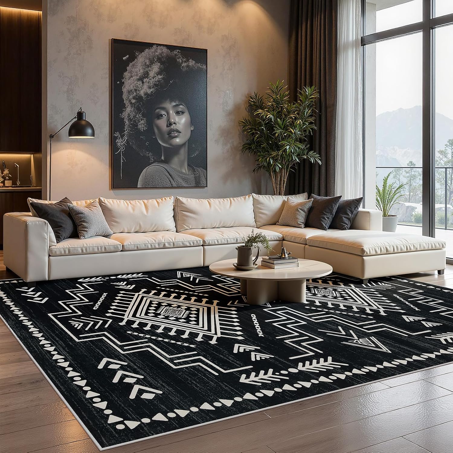 Joydeco Moroccan Black and White Washable 6x9 Living Room Area Rug, Non-Slip Western Stain Resistant Dining Room Rugs for Under Table, Geometric Aztec Print Modern Carpet for Bedroom Office