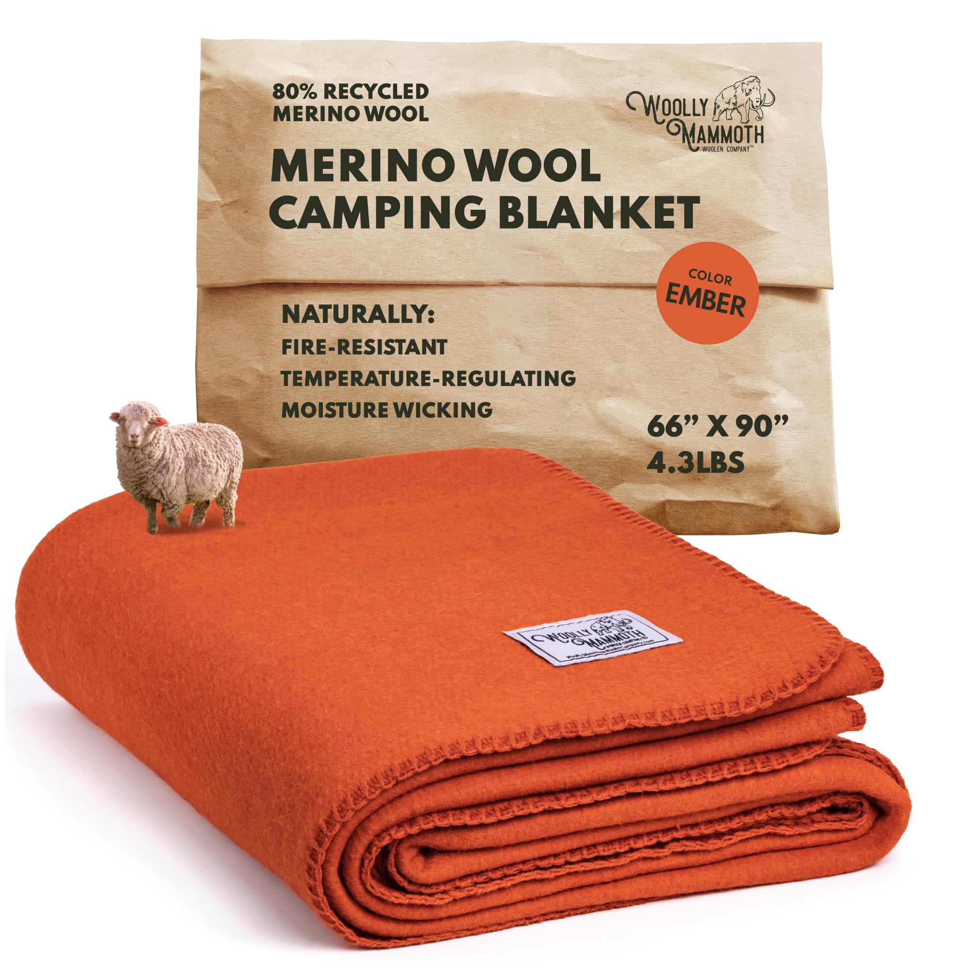 Woolly Mammoth Woolen Company Merino Wool Camping Blanket - 66 x 90 in, Orange - Hiking & Survival Companion & Camping Quilt - Portable & Compact Travel Duvet - Fire Retardant & Outdoor Quilt Blanket