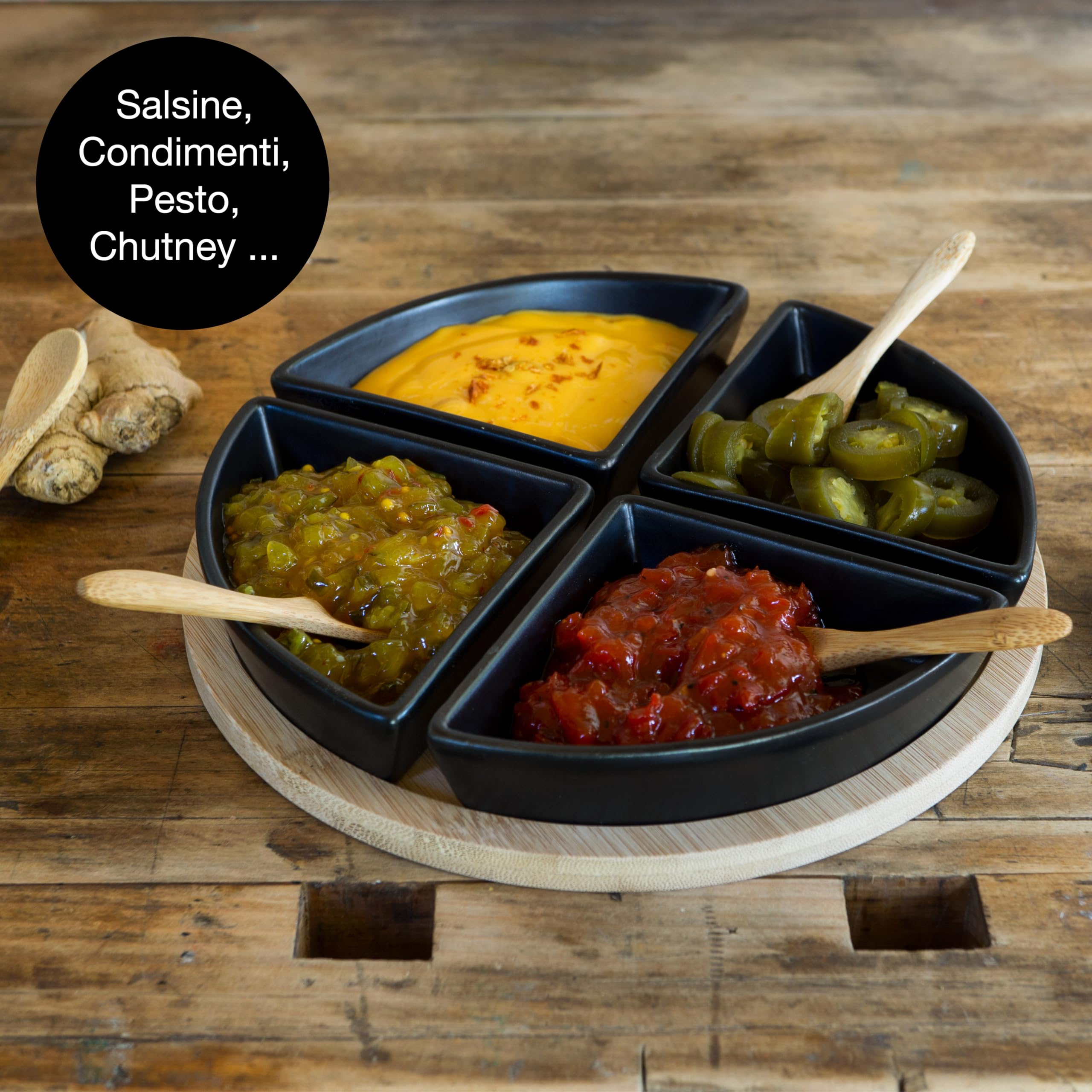 Moritz & Moritz 7 pz. Serving Set Bay Leaf - ciotole in ceramica vassoio in ardesia e cucchiaio di bambù - per salse snack antipasti dessert
