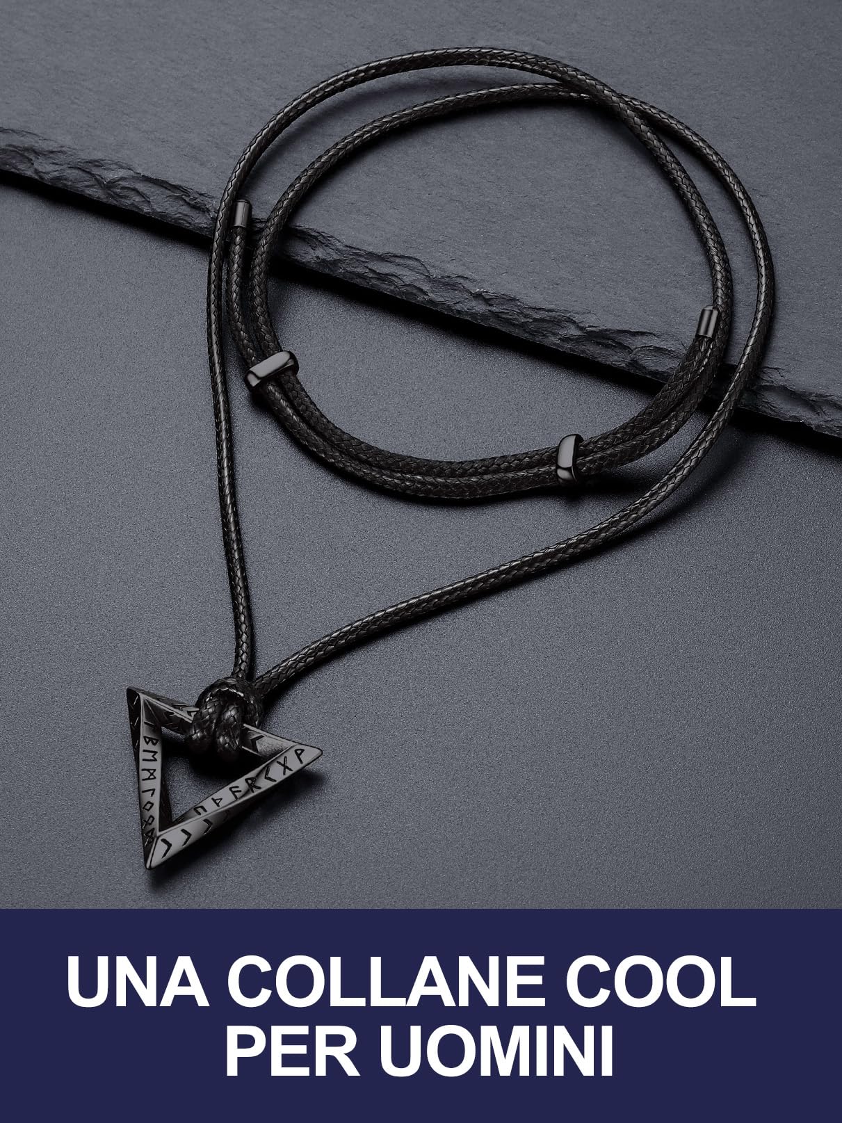 Bandmax Collana Uomo Runa Vichinga in Acciaio Inossidabile/Nero, Ciondolo runico Mobius Rotondo/Triangolare/Infinito con Catena in Pelle Intrecciata Nera Amuleto Gioielli Vichinghi per Donna e Uomo