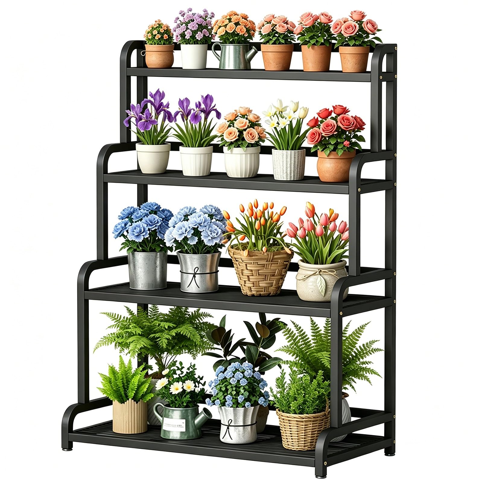 DMCHENGMA Plant Stand 4 Tier Metal Flower Display Rack Tiered Stands Multi-purpose Black Metal Iron Plant Shelf Sturdy Flowers Holder(60x50x135cm)