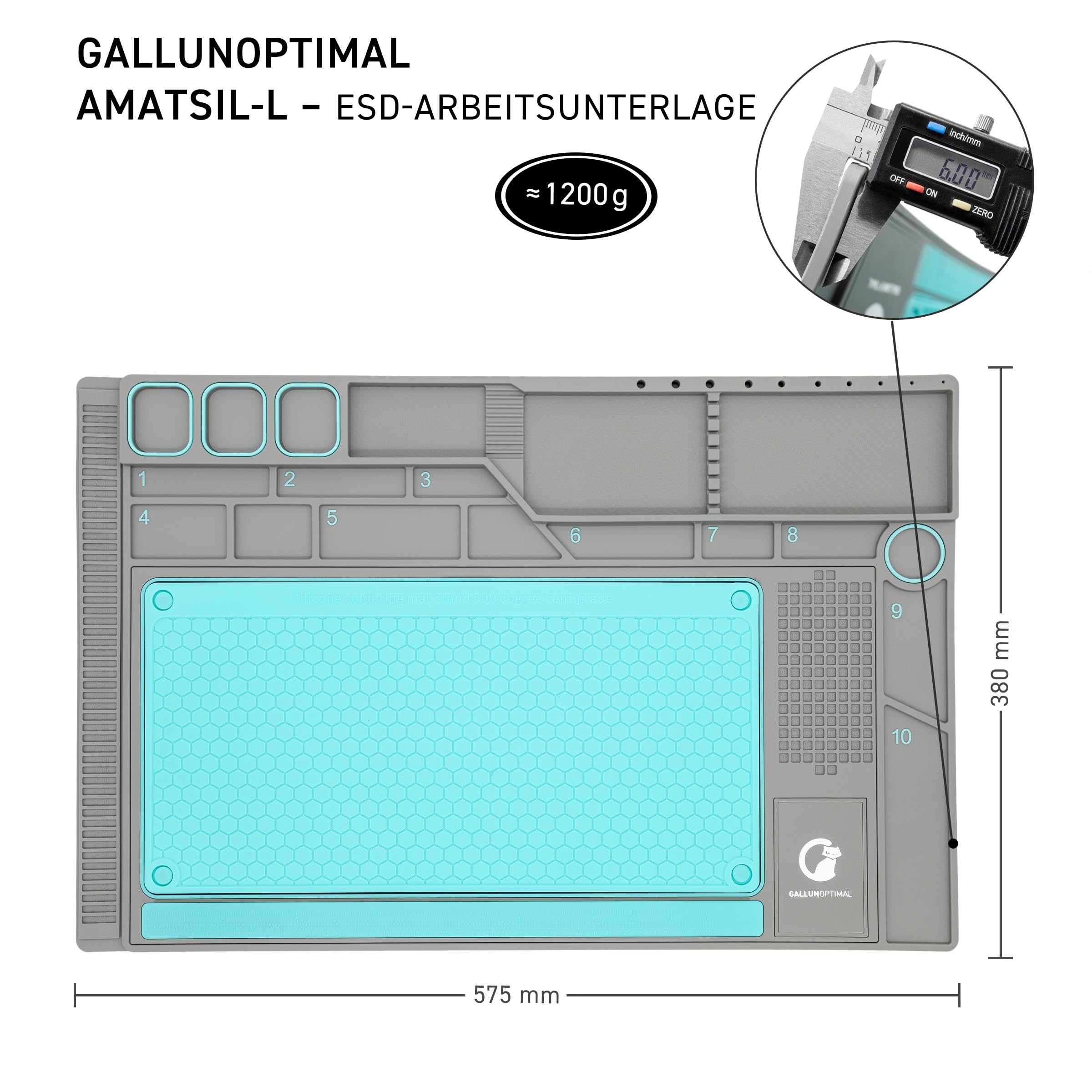 ESD-Arbeitsunterlage und Lötmatte Größe L 57 x 38 cm, Soft-PVC/Gummi mit abnehmbarer Silikoneinlage bis 500°C, Bauteil- und Werkzeugorganizer, 3 magnetische Bereiche