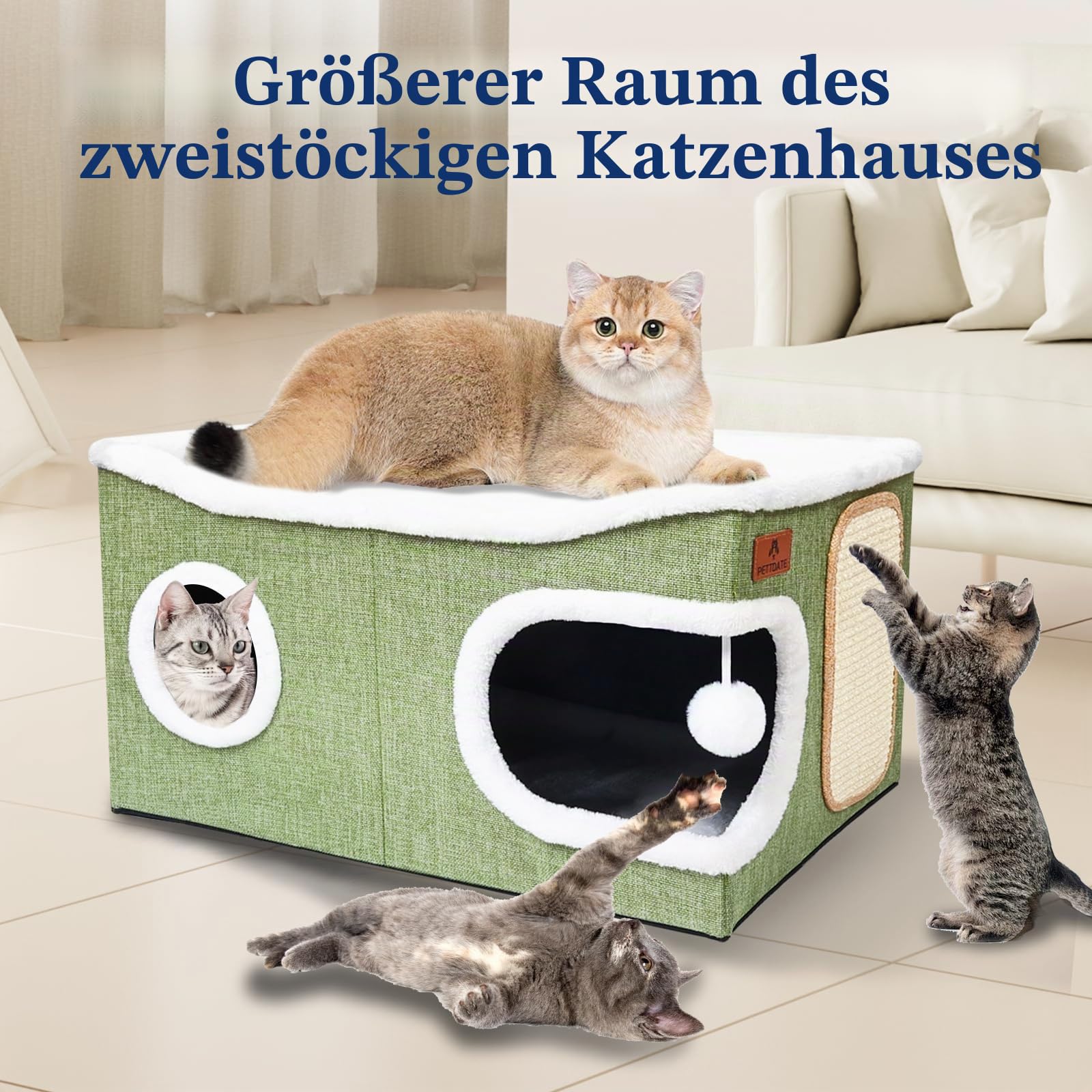 Extra Große Katzenhaus Indoor, 2-stöckige Kuschelhöhle mit Kratzbrett und Spielball, Katzenhöhle für Katzen, Ideal für Mehrere Kleine Haustiere und Große Kätzchen, Grün