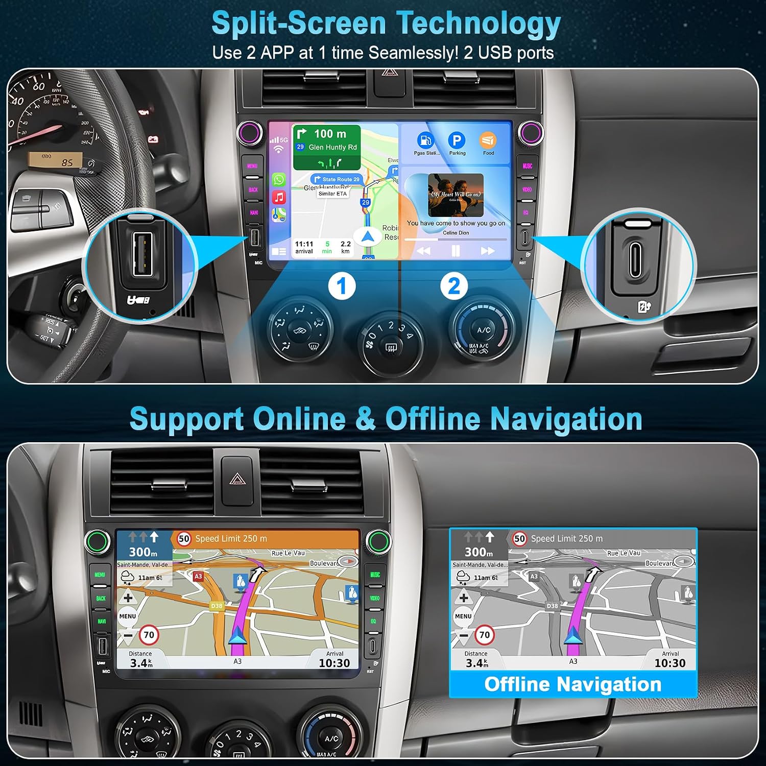 8 cores 4G+128G 9 inch Touch Screen Car Radio Stereo for Toyota Corolla 2009 2010 2011 2012 2013 Android 15 Wireless CarPlay Android Auto Bluetooth with GPS Navigation+ AHD Backup Camera + MIC