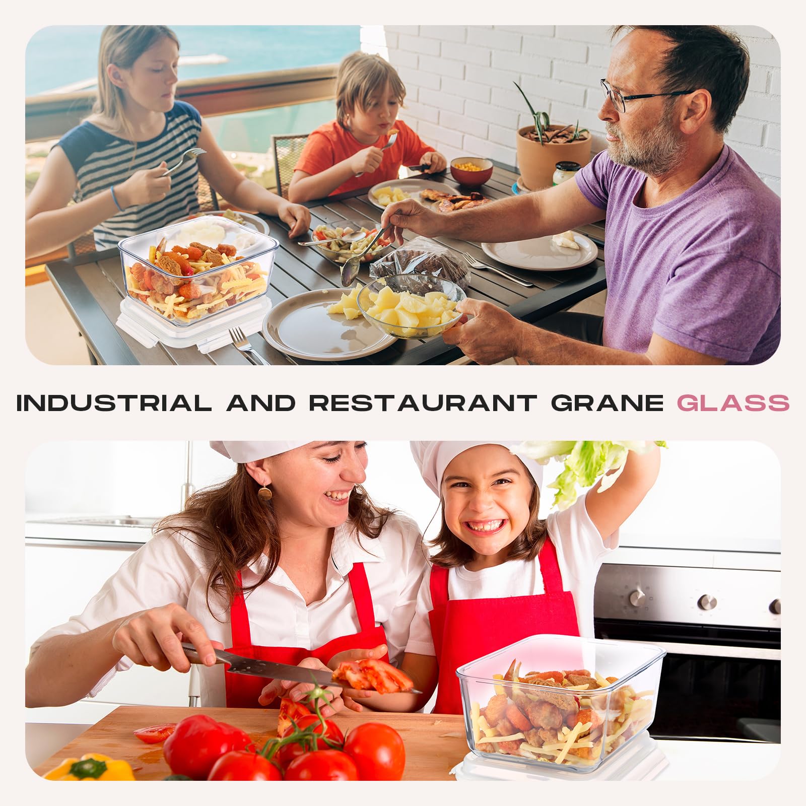 Blushtier 2 recipientes grandes de vidrio para almacenamiento de alimentos con tapa de bloqueo hermético, ideal para almacenar alimentos, verduras, frutas, hornear, lasaña, pavo, transparente