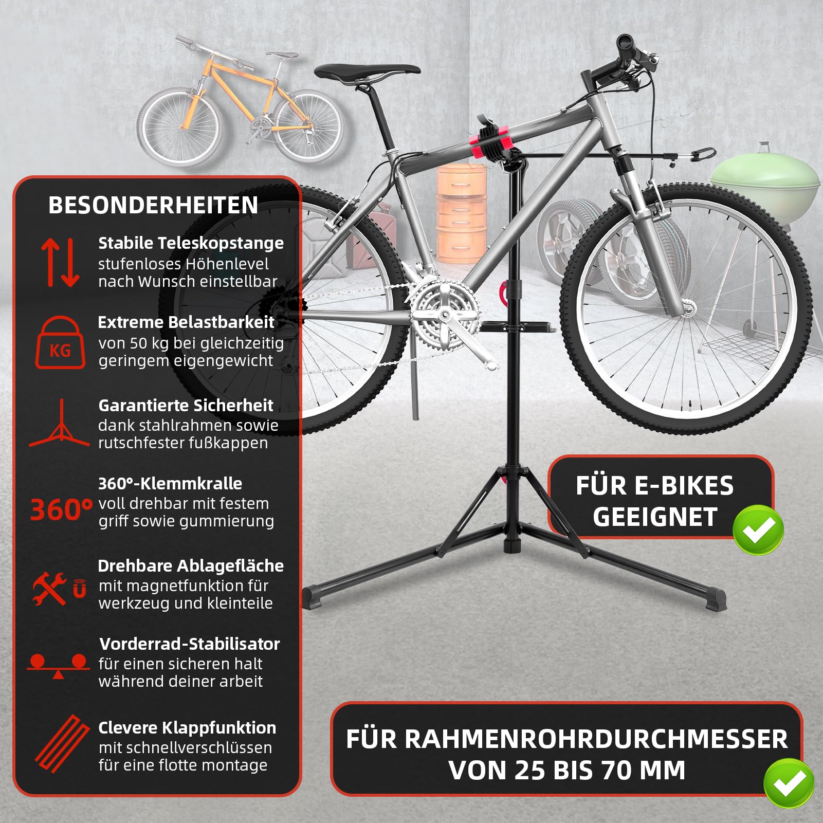 Fahrradmontageständer, Höhenverstellbar Fahrrad Reparaturständer mit Werkzeugablage bis 50kg, Klappbar 360° Drehbar Profi Reparaturständer für E-Bike Mountainbikes - Schwarz