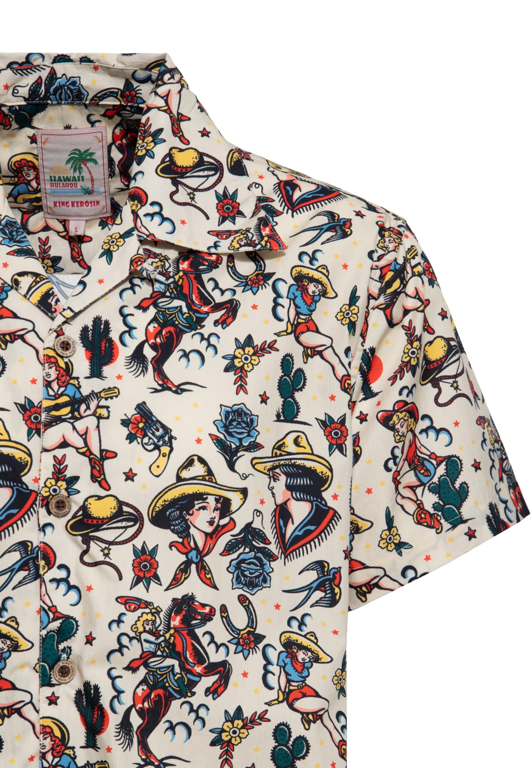 King Kerosin Herren Hawaiihemd Mit Western-Elementen Im Tattoo-Stil Cowgirl