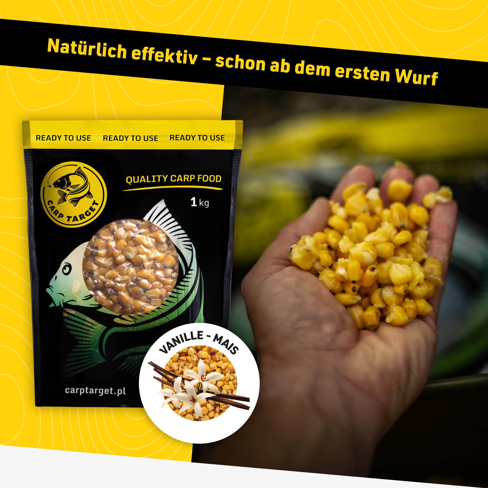 Gotowa kukurydza wędkarska 1 kg Wanilia - Naturalna zanęta na karpie amury płocie leszcze liny - Zapakowana próżniowo - Duża odmiana ziaren ugotowana w punkt - Słodki i owocowy zapach