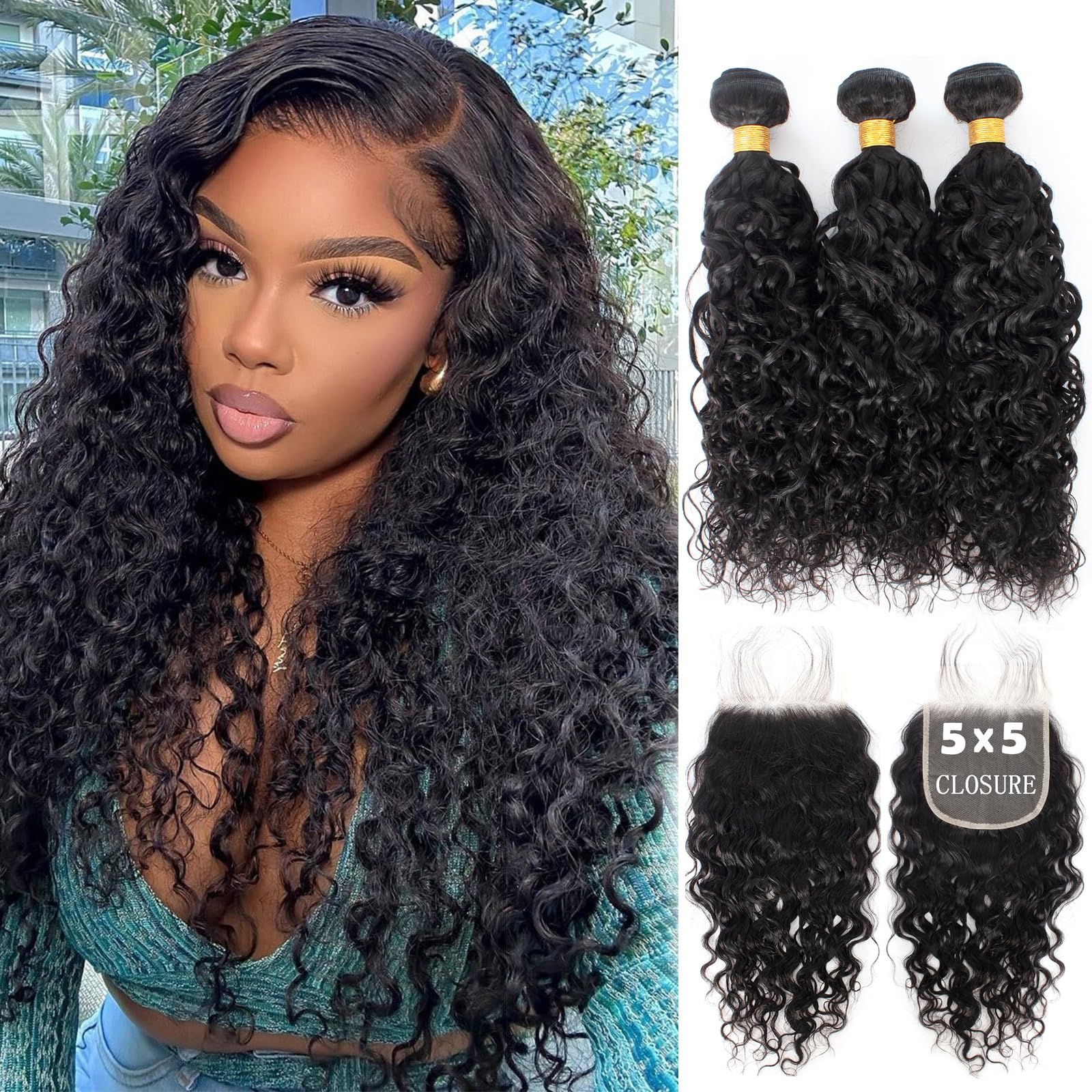 FASHION VILA 12A Water Wave 3 Bundles with 5x5 Lace Closure(16 18 20+14) 100% Unprocessed Brazilian Virgin Remy Hair Water Wave Human Hair Bundles