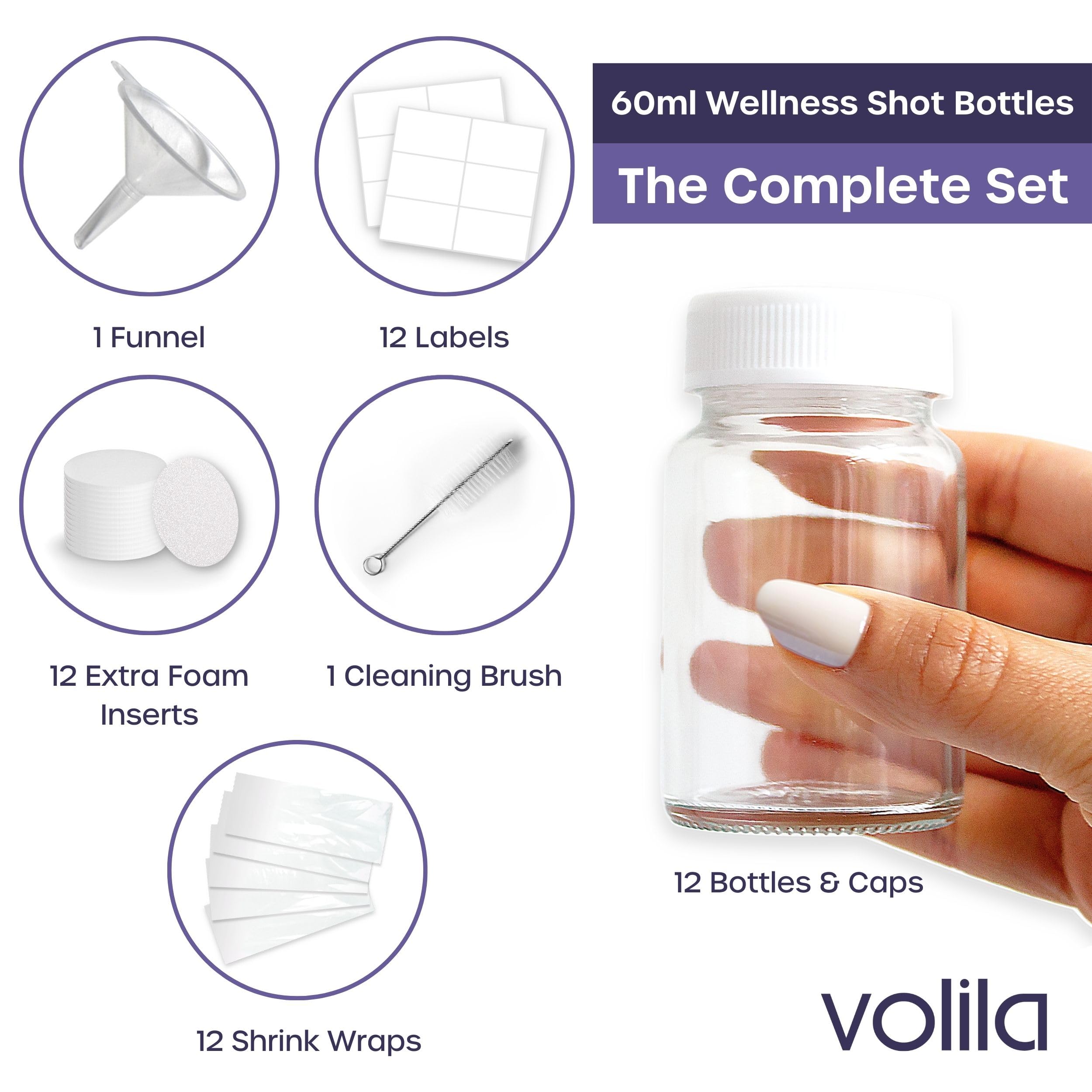 volila Shot Bottles with Lids, 12 Pack 2oz/60ml Reusable Glass Shot Bottles with Lids, Funnel, Labels, Shrink Wrap - Image 3