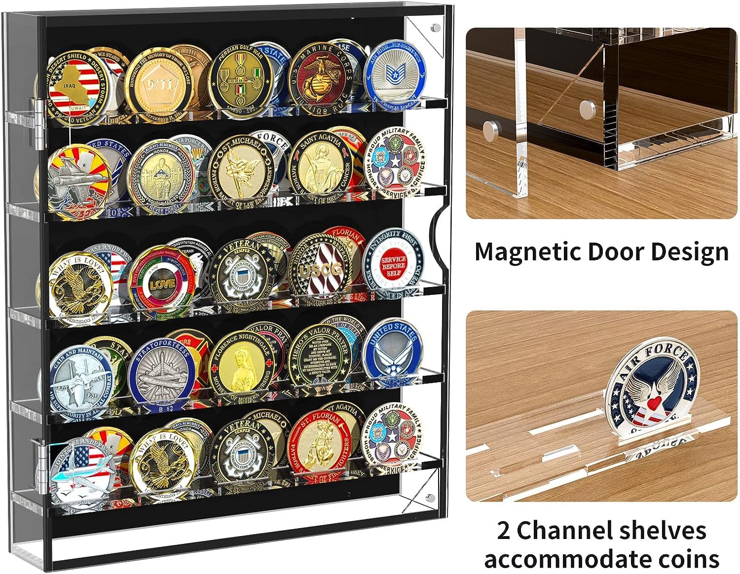 vitrina expositora pared monedas colecciones,exhibidor medallas militares,Soporte de Monedas de desafío Militar con estantes extraíbles y Puerta magnética, Caja de Monedas para 45 medallas Militares