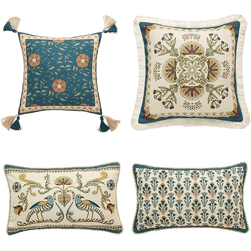 patdrea Designer Throw Pillow Covers Set of 4,French Vintage Blue Linen with Floral Collection Pattern Pillow Cover,Decorative Rectangle and Square Pillowcases Cushion for Bed Living Room Outdoor