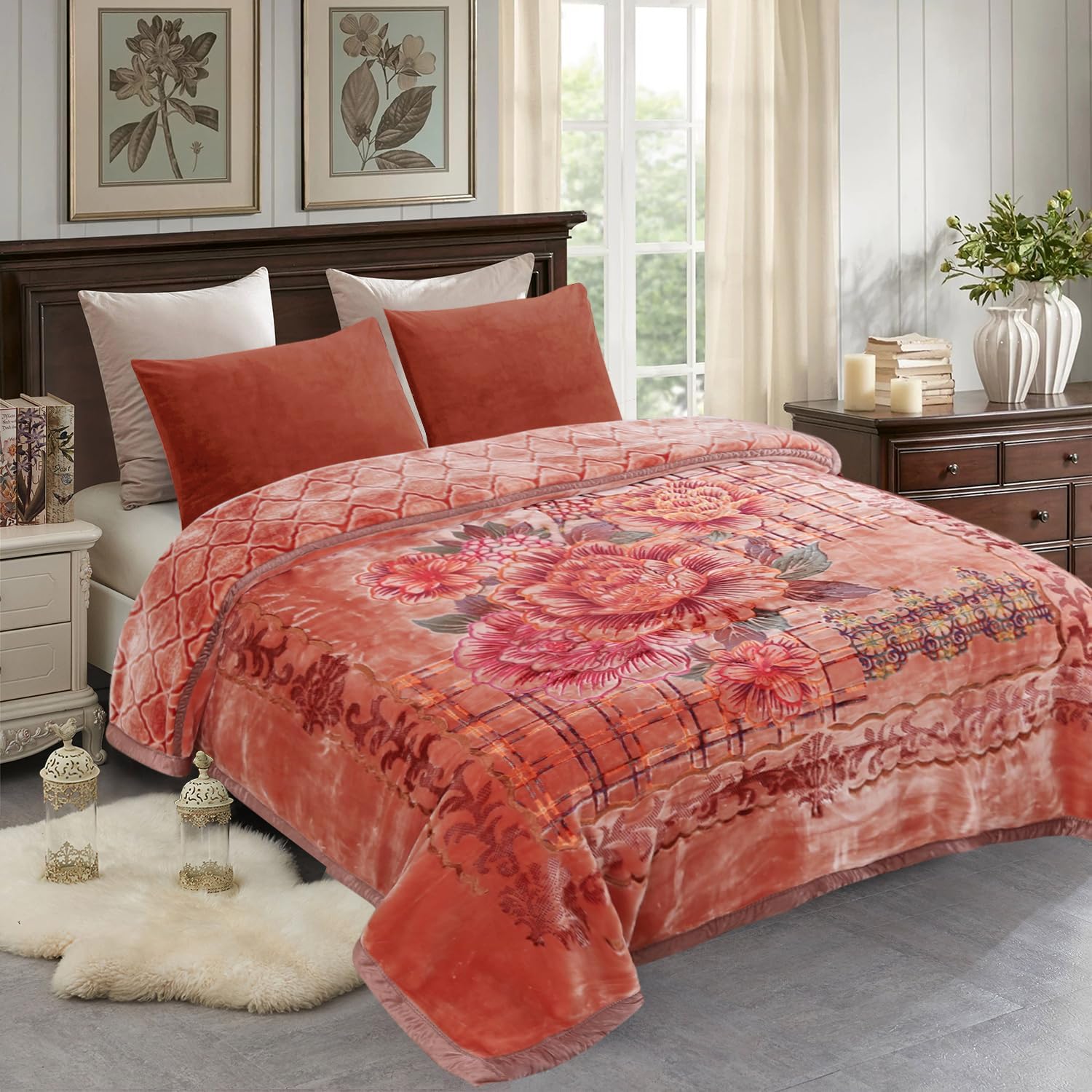 JML Plush Fleece Blanket 87" x 94", 10.5 Pounds Korean Style Mink Blanket King Size for Winter - Soft and Warm, 2 Ply A&B Printed Embossed Raschel Bed Blanket (Peony Orange)