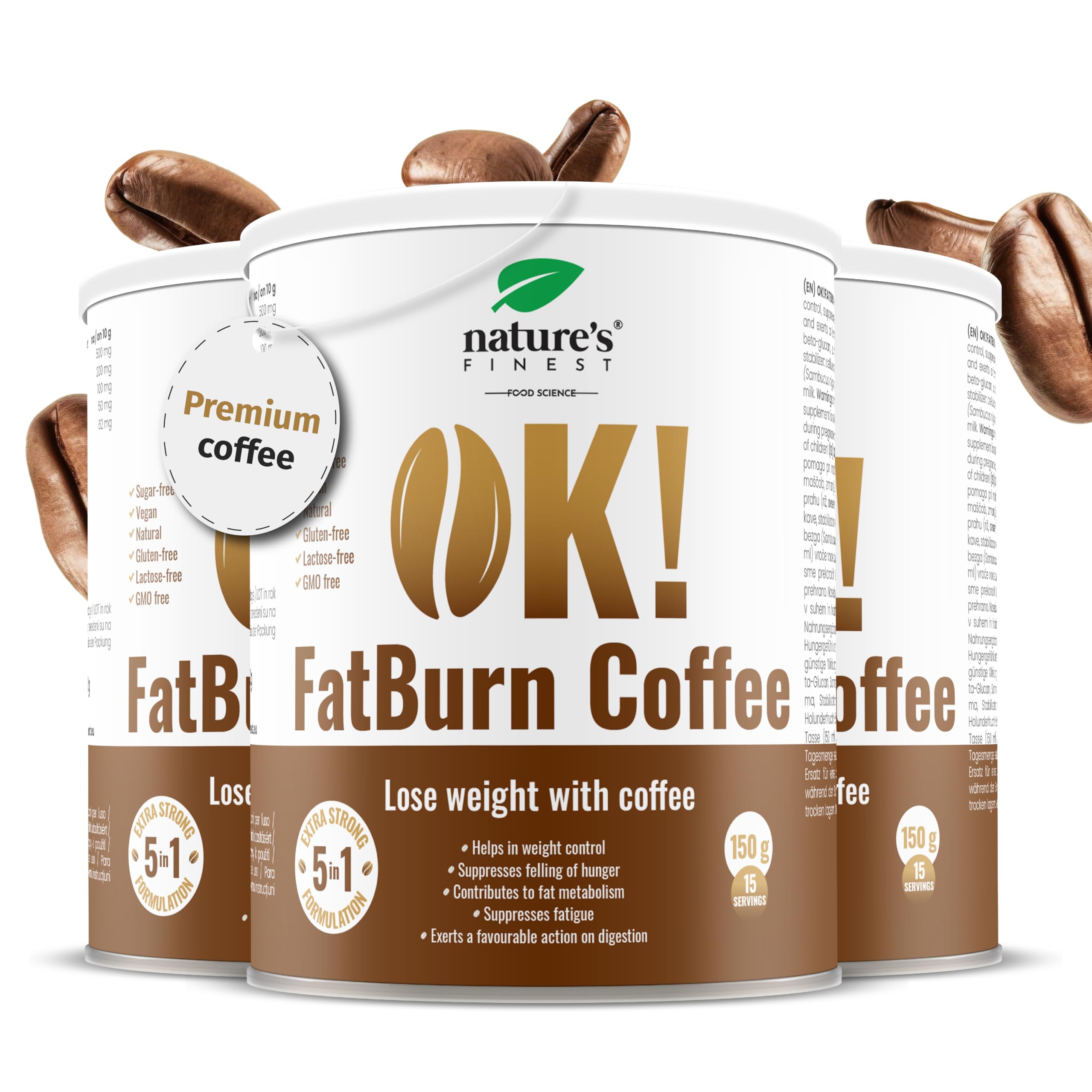 Nature's Finest by Nutrisslim OK!FatBurn Instant Coffee Powder with L-Carnitine, Guarana and Elderberry, Ideal Weight Loss and Natural Energy Boost, Vegan Coffee, 150g (Pack of 3)