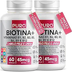 Kit 2 Biotina + Puro Nutrition Pele, Cabelo e Unhas, 45 mcg de Biotina por dose, Vitaminas B1, B2, B3, B5, B6, B9 e B12, 60 Cápsulas por Pote