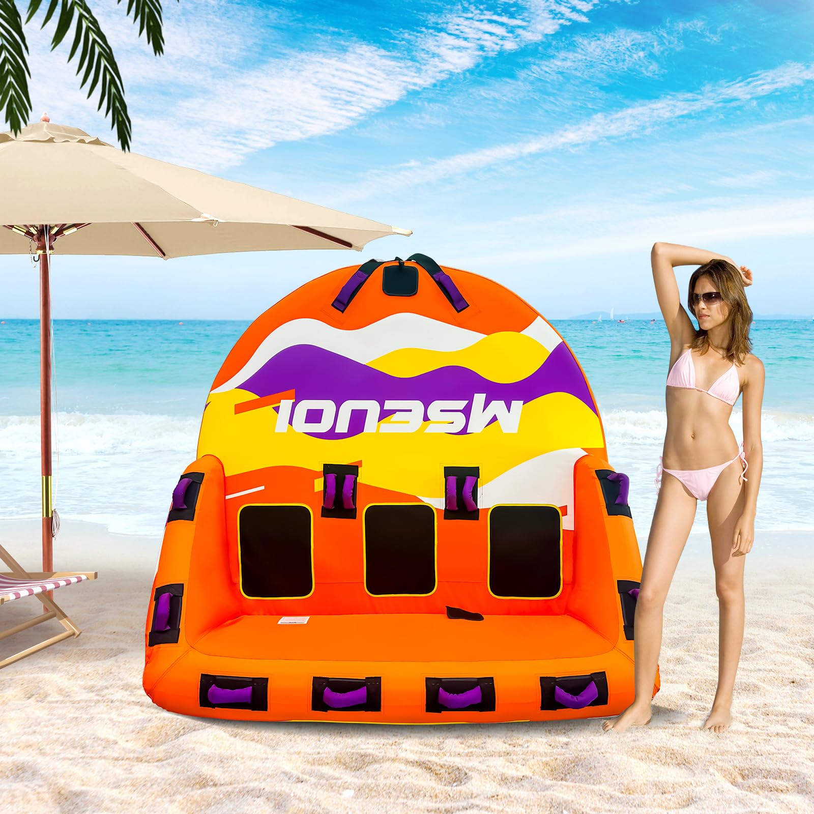 MSEUOI Inflatable Water Towable Tube for Boats Heavy-Duty 1-3 Rider Tow Tube with Reinforced Handles, Quick-Connect Tow Rope, Rapid Air Valve (Orange Mutil, 3)