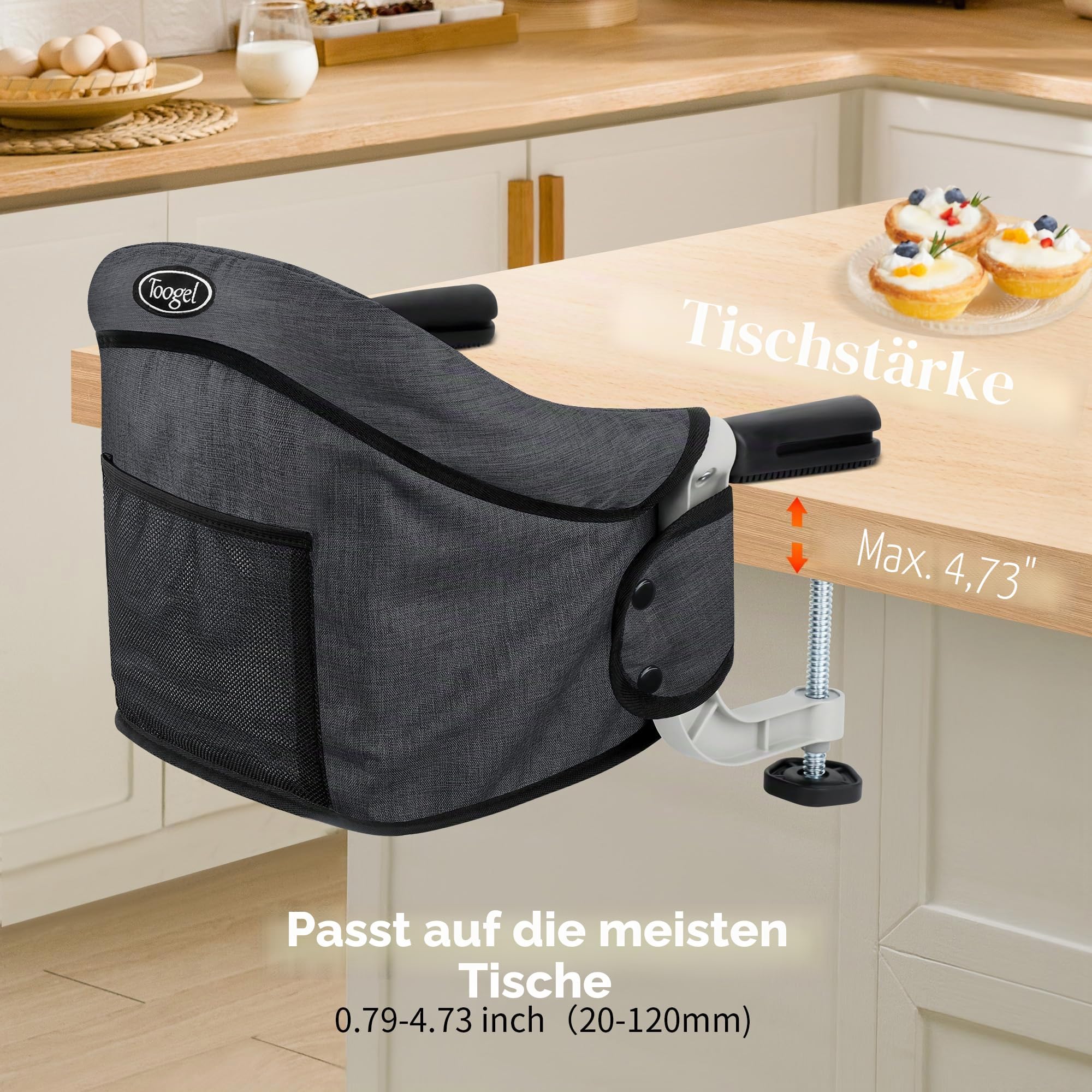 Toogel Klappbarer Tischsitz, Tragbarer Baby Hochstuhl mit Sicherheitsgurt, Kinderstuhl zum Anklippen, Sitzerhöhung Stuhlsitz Babysitz mit Transporttasche für Zuhause und Unterwegs (Schwarz)