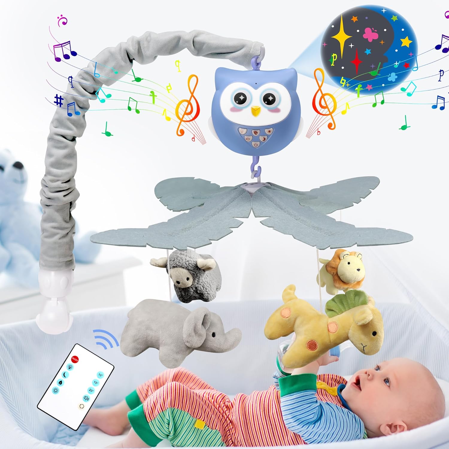thumbnail image 2 of Buy TUAA Baby Crib Obile,3 In 1 Crib Toys With Reote Control,Projection Night Light, Usic 2 of 12