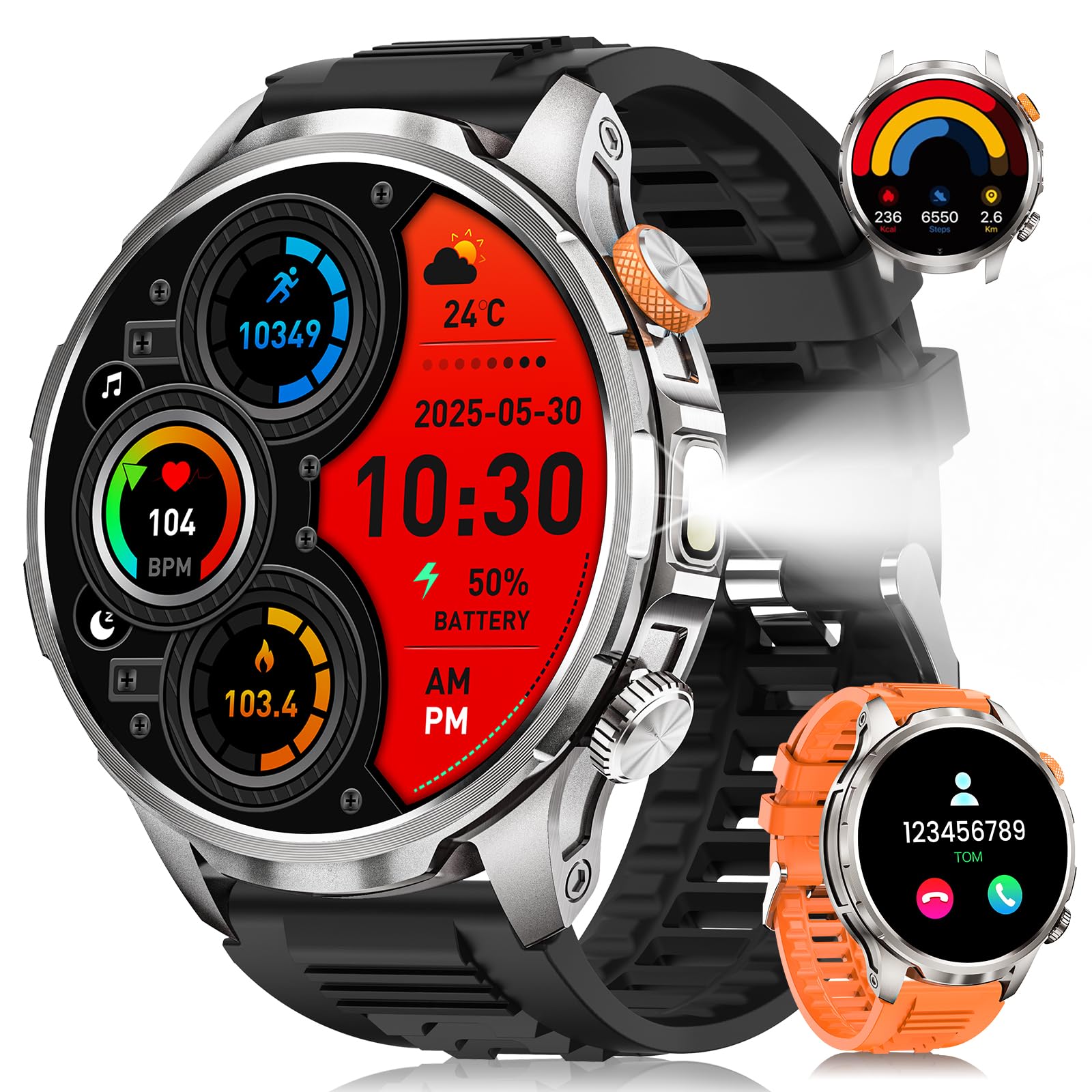 Reloj Inteligente Hombre Militar con 1000mAH/LED Linterna, 1.91”AMOLED Smartwatch Hombre con Llamadas, 5 ATM Impermeable/110+ Modos Deportivos/SpO2/Pulsómetro, Pulsera Actividad para Android iOS Plata