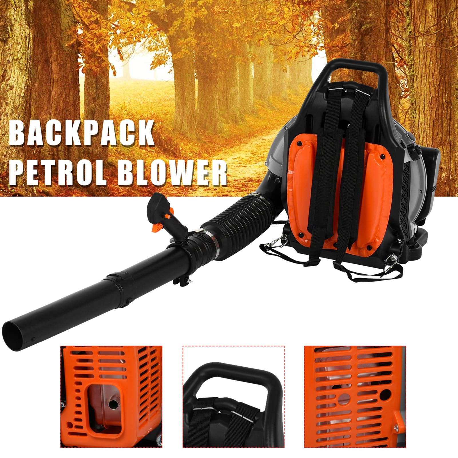 Souffleur Thermique à Dos 63cm³, Moteur 2 Temps 3hp, Souffleur De Feuilles Puissant 6800tr/Min, Débit 665cfm, Réservoir 1.7l, pour Jardin, Neige Et Chantier Orange