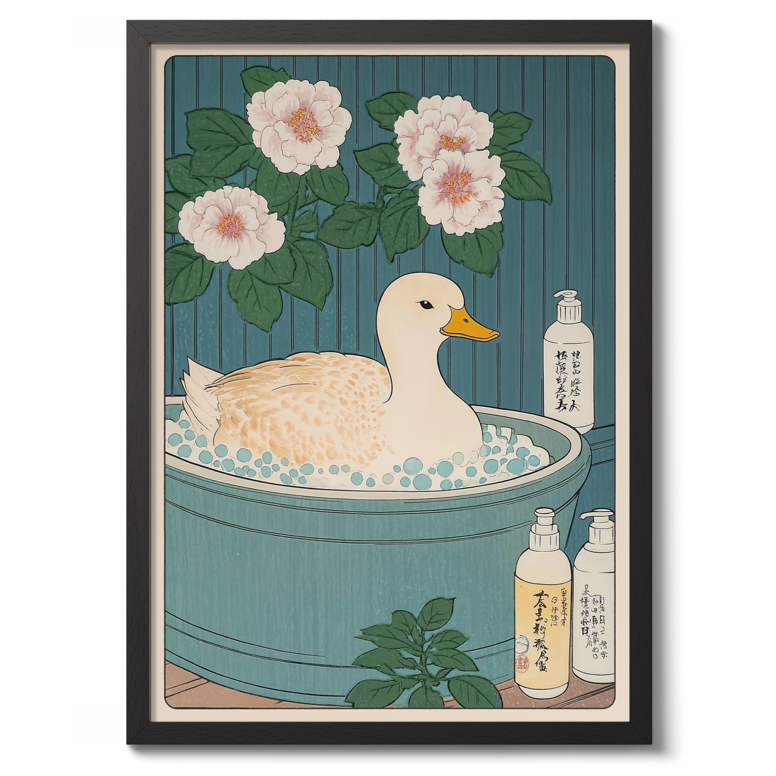 Duck Bathtime Anime Animal Poster, Funny Bathroom Wall Art Print, Manga, Bathroom Wall Art, Toilet Decor, A3 (Black Frame) - 45x32.8cm