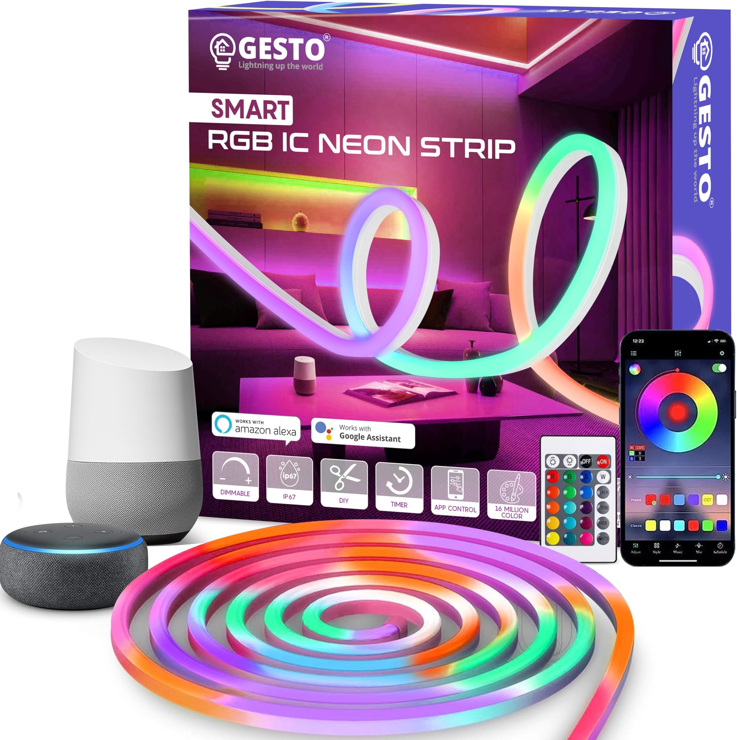 Gesto 5 Meter Smart Neon Strip Lights with Adaptor – Remote and Mobile App Controlled,Music Sync RGB Lights with Alexa,Google | Multicolor LED Lights for Home Decoration,Diwali Decoration,PC,Gaming