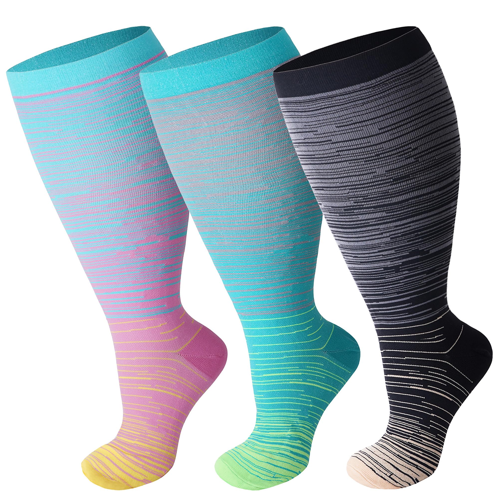 Double Couple 3 Pairs Plus Size Wide Calf Compression Socks - Compression Socks | Mubboo