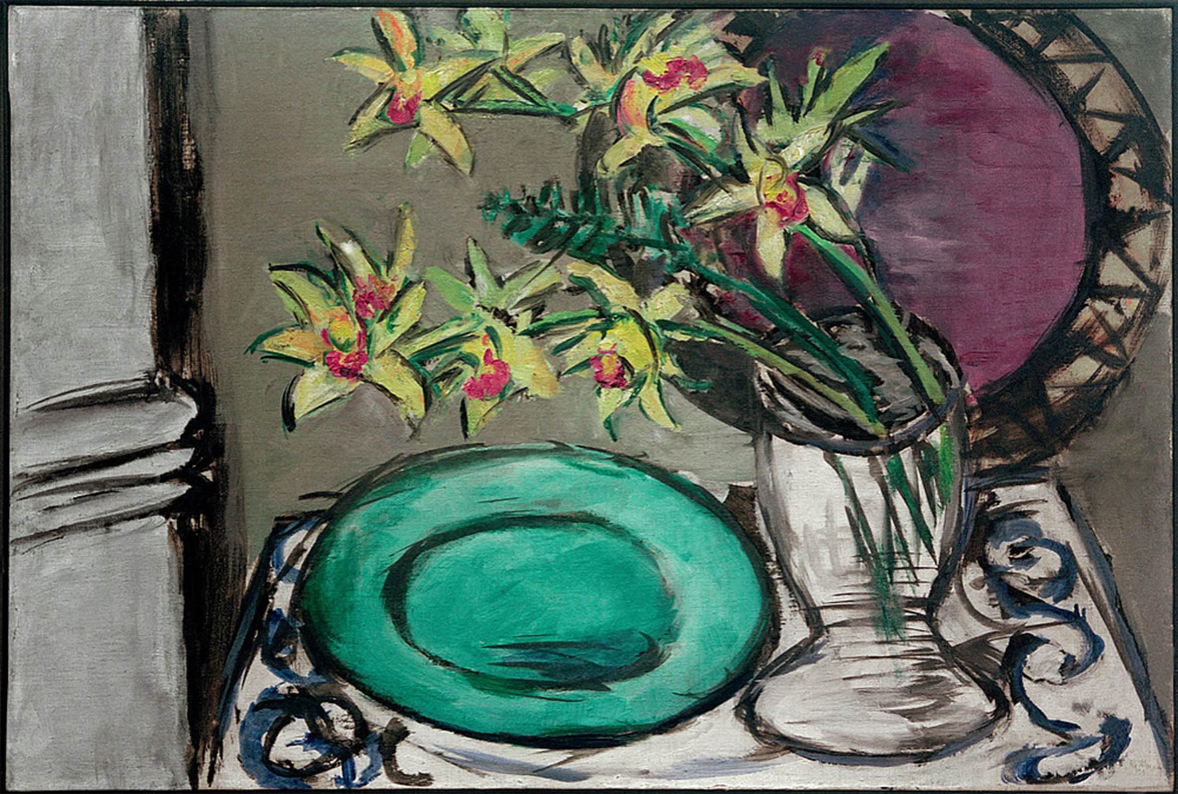 ARTXLXXBN Famous Print Painting Colorful Art Print Orchids Still Life with Green Bowl by Max Beckmann Canvas Art Decorations for Home Decor 60x90cm