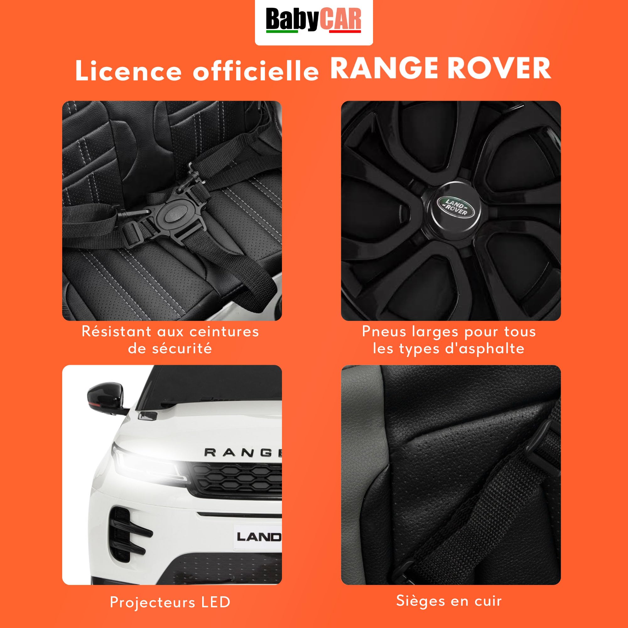 BabyCar Range Rover Evoque | Véhicule Electrique 12V avec 2 Moteurs 35W | Voiture pour Enfant avec Télécommande, Siège en Simili Cuir, Portes Ouvrantes, MP4/USB | Licence Officiel | Blanc