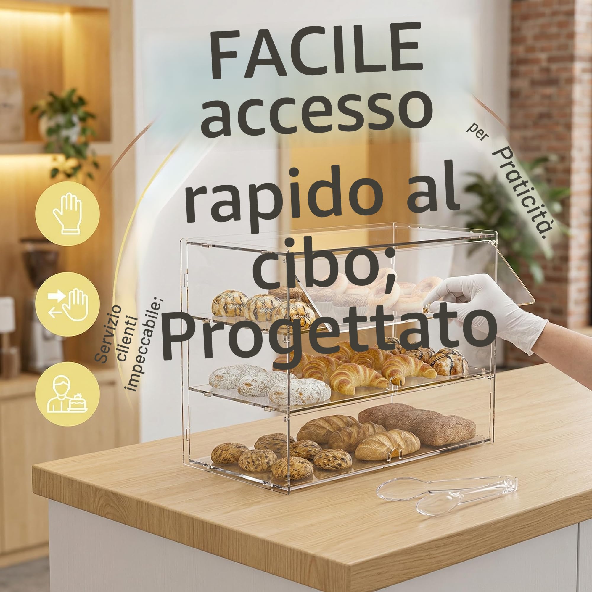 3 ripiani in acrilico trasparente per panetteria, vetrina da 5 mm, pannelli PETG ad alto impatto, 49.5 x 38 x 26 cm, porte anteriori con fori per le dita