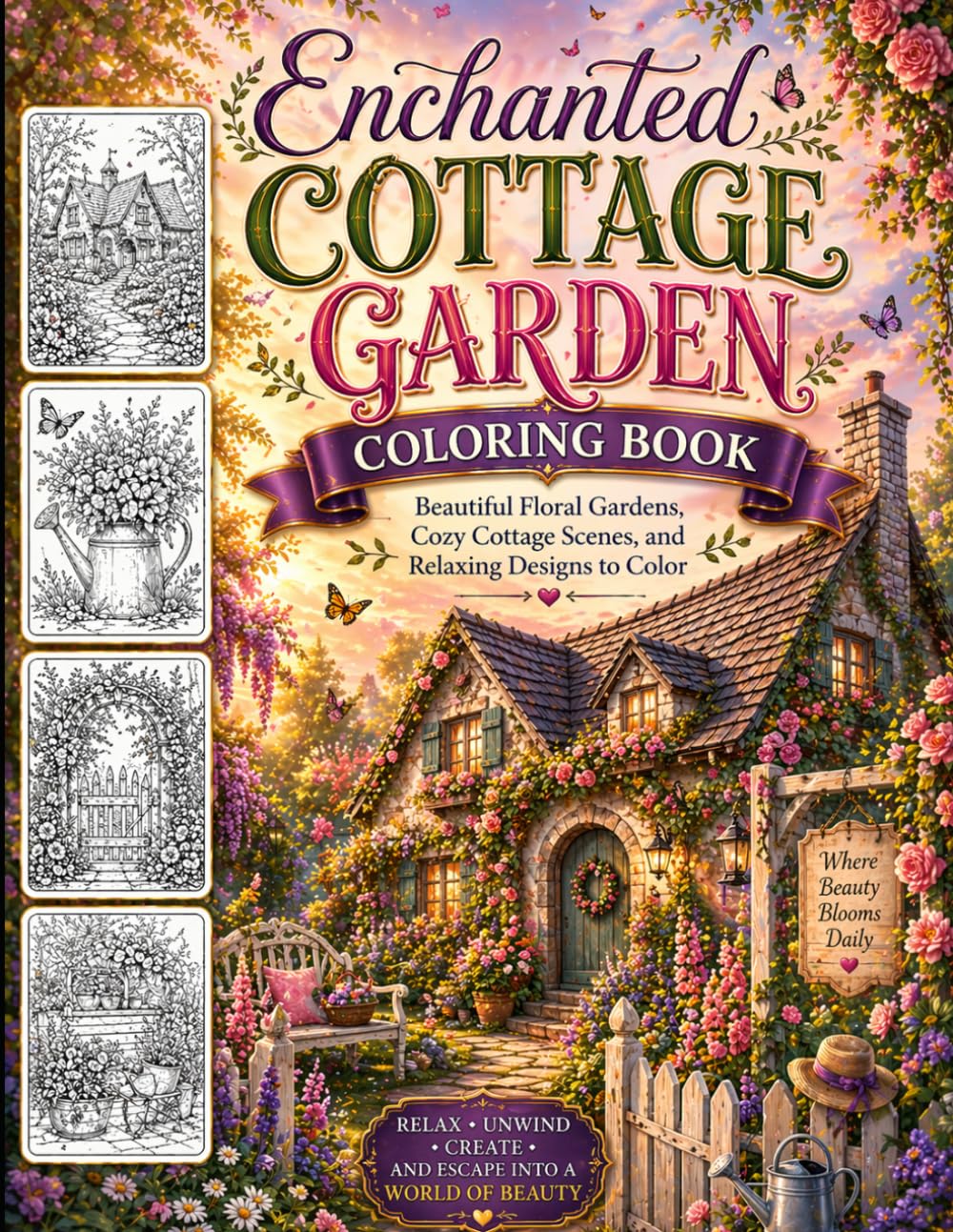 Enchanted Cottage Garden Coloring Book: Beautiful Floral Gardens, Cozy Cottage Scenes, and Relaxing Designs to Color
