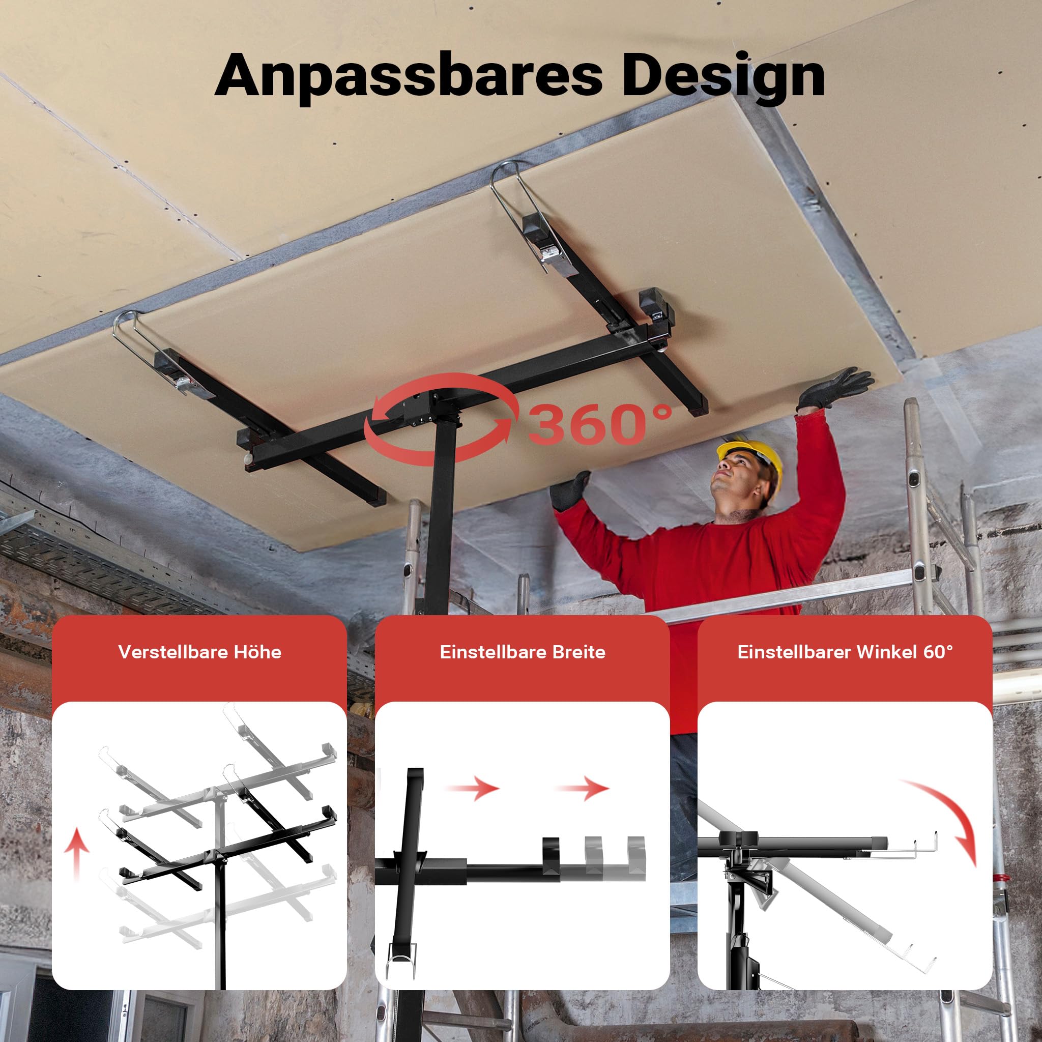 Wiltec SET XXL Plattenheber bis max. 68 kg + 140 cm Verlängerung, Höhe 140-465 cm, max. Breite 2,90 m, Montagehilfe für Trockenbau, Paneelheber mit 3 Rädern, schwarz