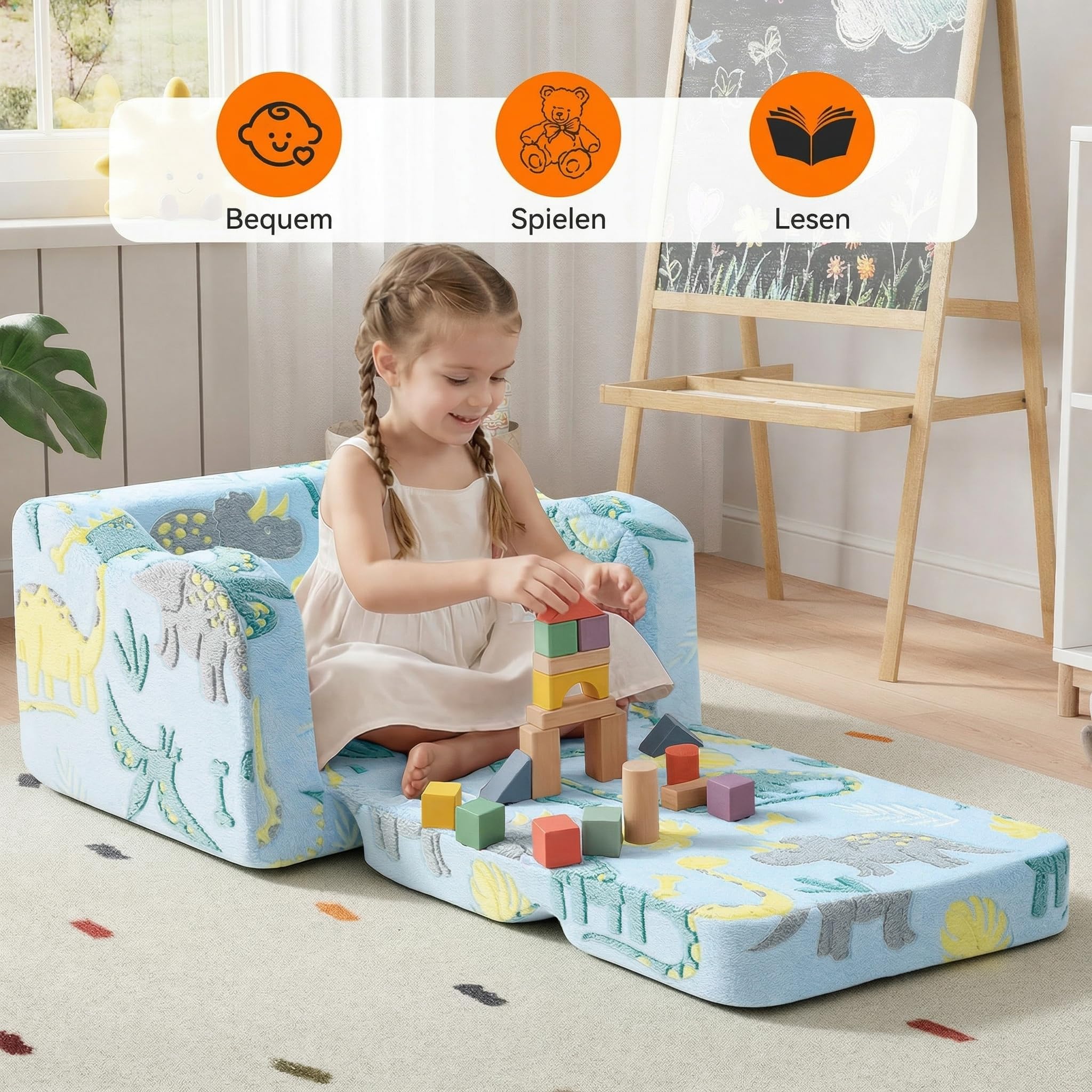 MeMoreCool Kindersofa Ausklappbar, 2-in-1 Kleinkinder Schlafsofa, Kindersessel mit Schlaffunktion, Mini Couch für Kuschelecke Kinderzimmer, Fancy Spielsofa für Mädchen und Jungen, Blau Dinosaurier