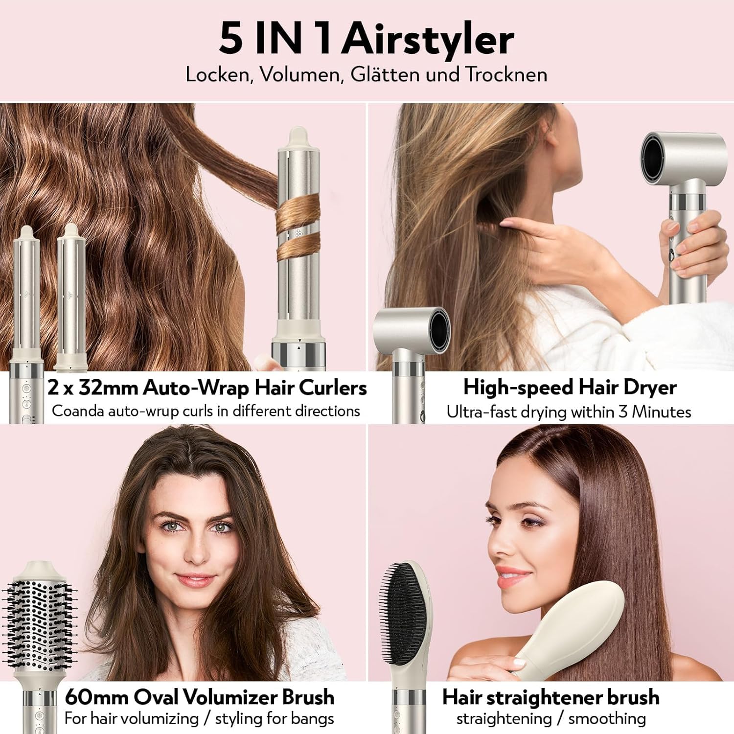 slopehill 5 IN 1 Airstyler, Hairstyler, Lockenstab Auto-Wrap, Ionen Föhn (110.000 RPM), Warmluftbürste & Glätteisen | Zum Styling, Volumisieren, Locken und Glätten - Zuhause & Reisen （Champagne-Gold）