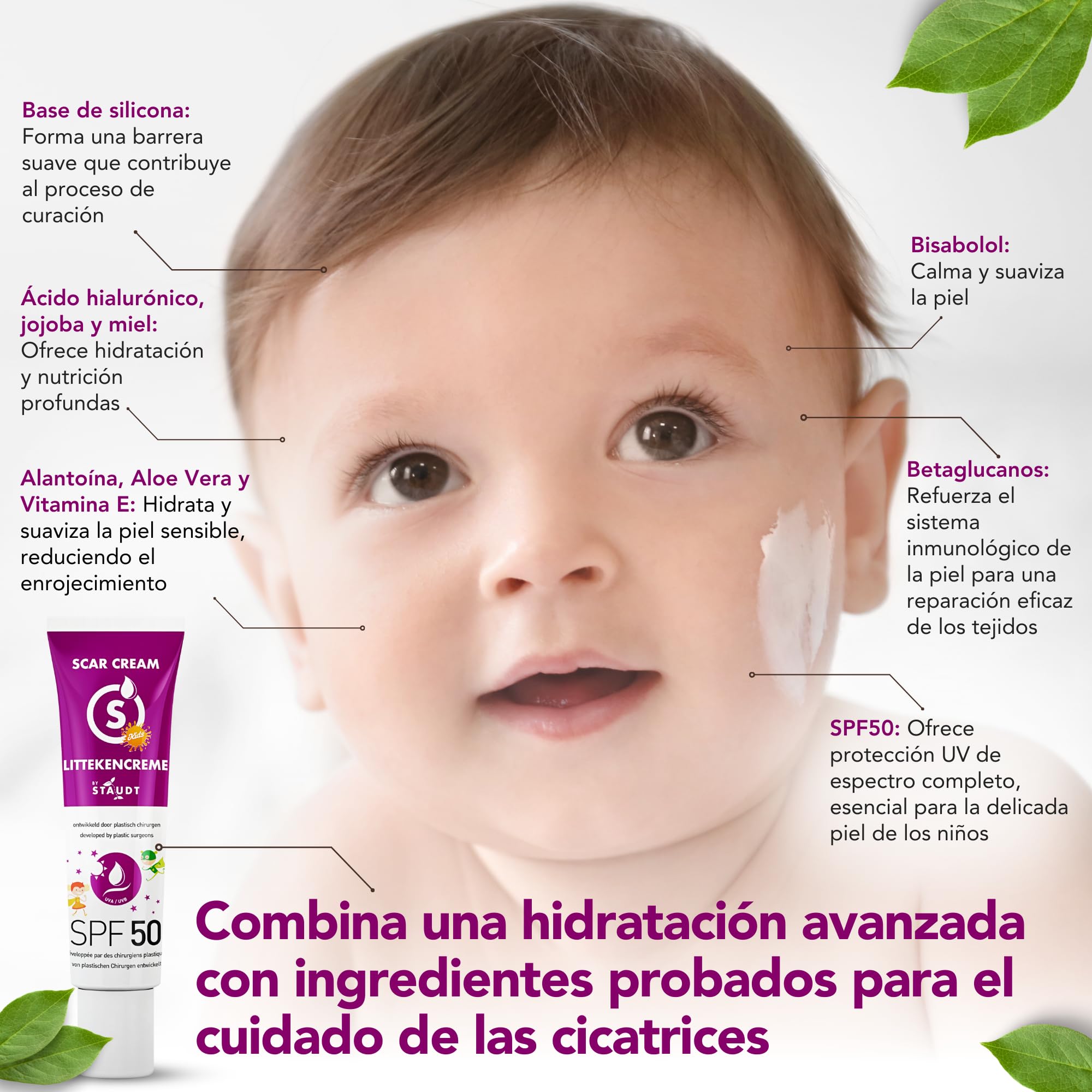Crema Cicatrices Staudt Premium para Niños con Protección SPF50 - Gel de Silicona Pediátrico para Piel Sensible - Fórmula Hidratante con Alantoína y Aloe - Protección UV Confiable - 40ml