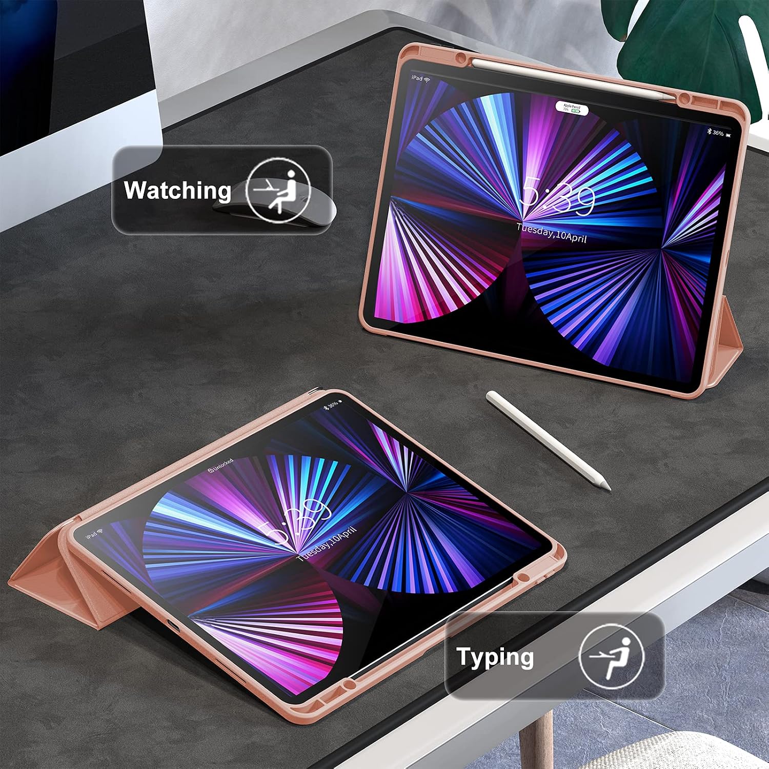 INFILAND Compatible with iPad Pro 12.9 2021 Case with Pencil Holder & Clear Transparent Back, Do Not Fit iPad Pro 12.9 2020/2018 [Support 2nd Gen Apple Pencil Wireless Charging] (Pink)