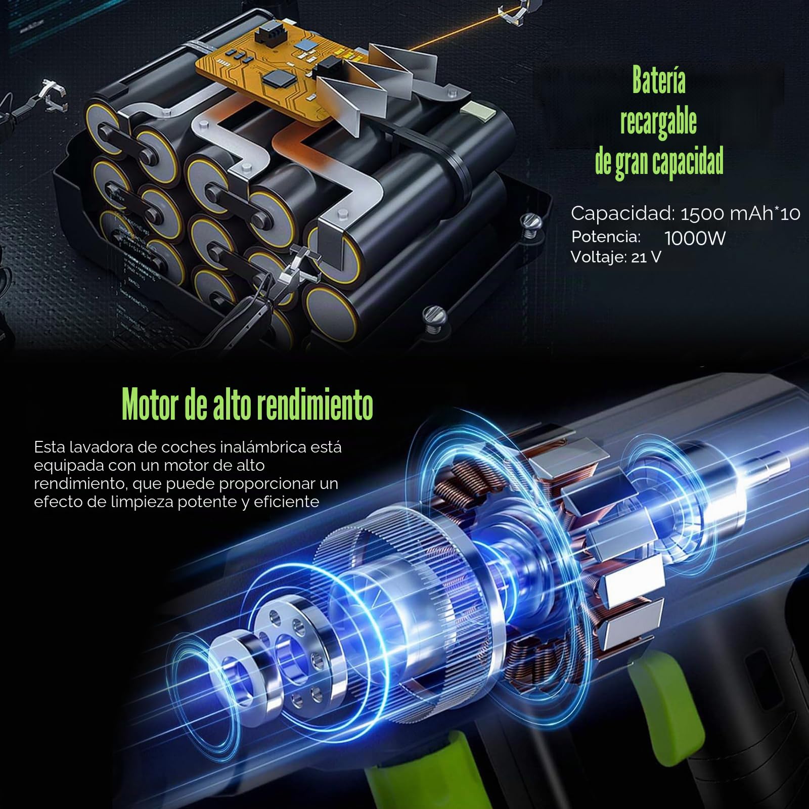 120 bar, 1000 W, limpiador de alta presión inalámbrico portátil, boquilla 6 en 1, limpiador de alta presión, batería de 15000 mAh, manguera de 5 m, para coche, jardín, barco, callejón, exterior (2