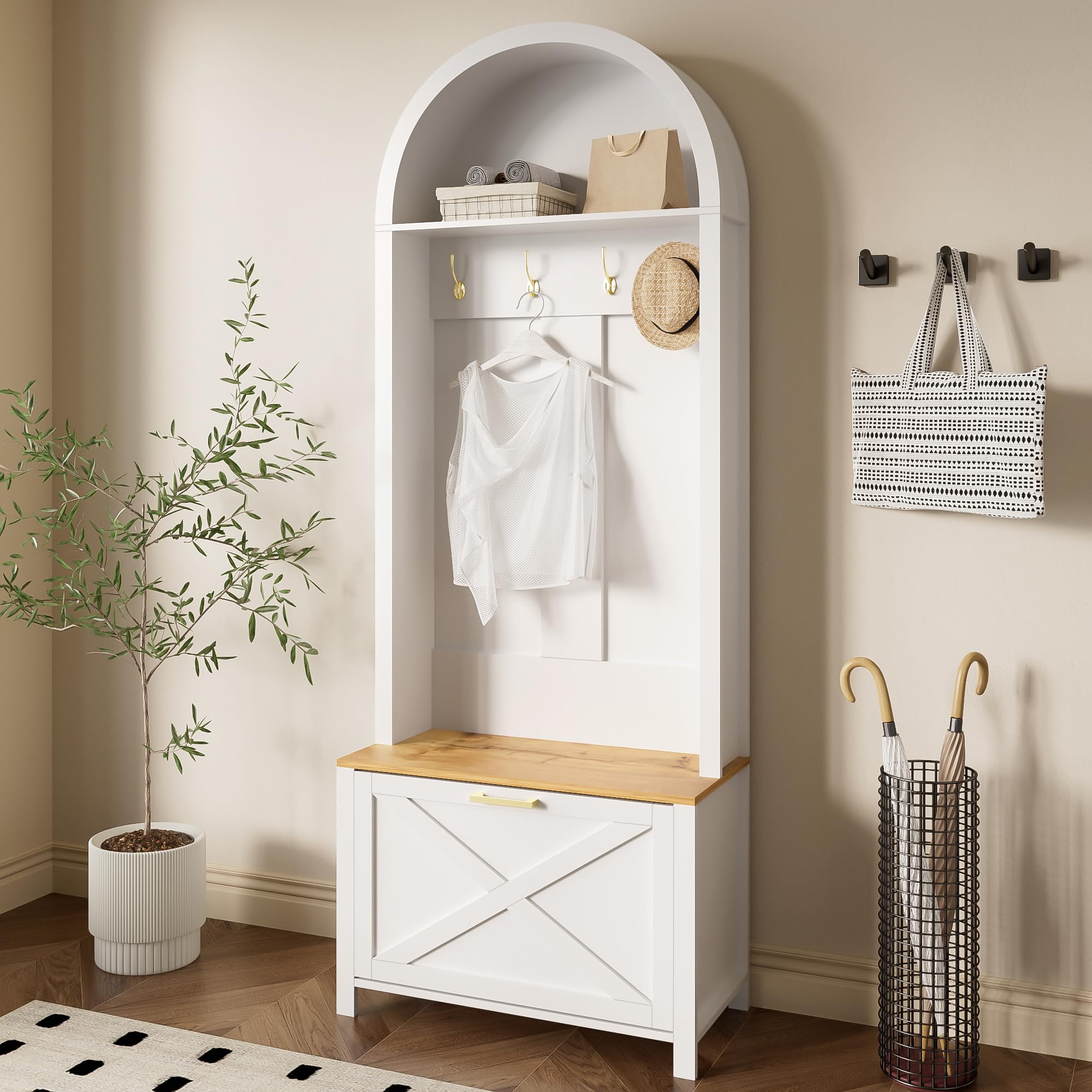 Merax Garderobe Set, Kompaktgarderobe mit Schuhregal, Ablage & Haken, 75x35x195 cm, Weiß