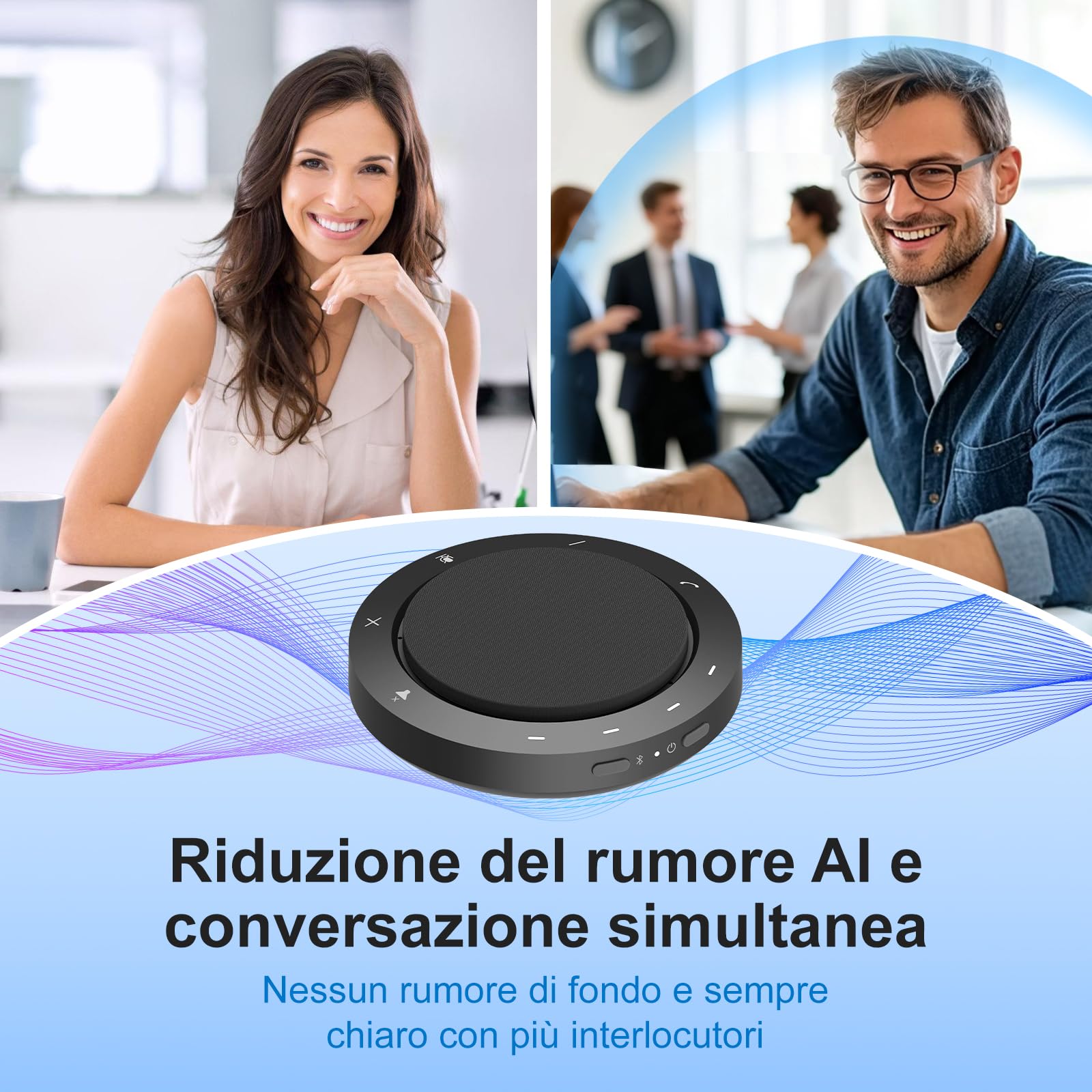 Altoparlante da conferenza, 2 microfoni a cancellazione del rumore, rilevamento vocale a 360°, suono chiaro, 10–14 ore di conversazione, Bluetooth e USB, microfono conferenze per 1–6 persone