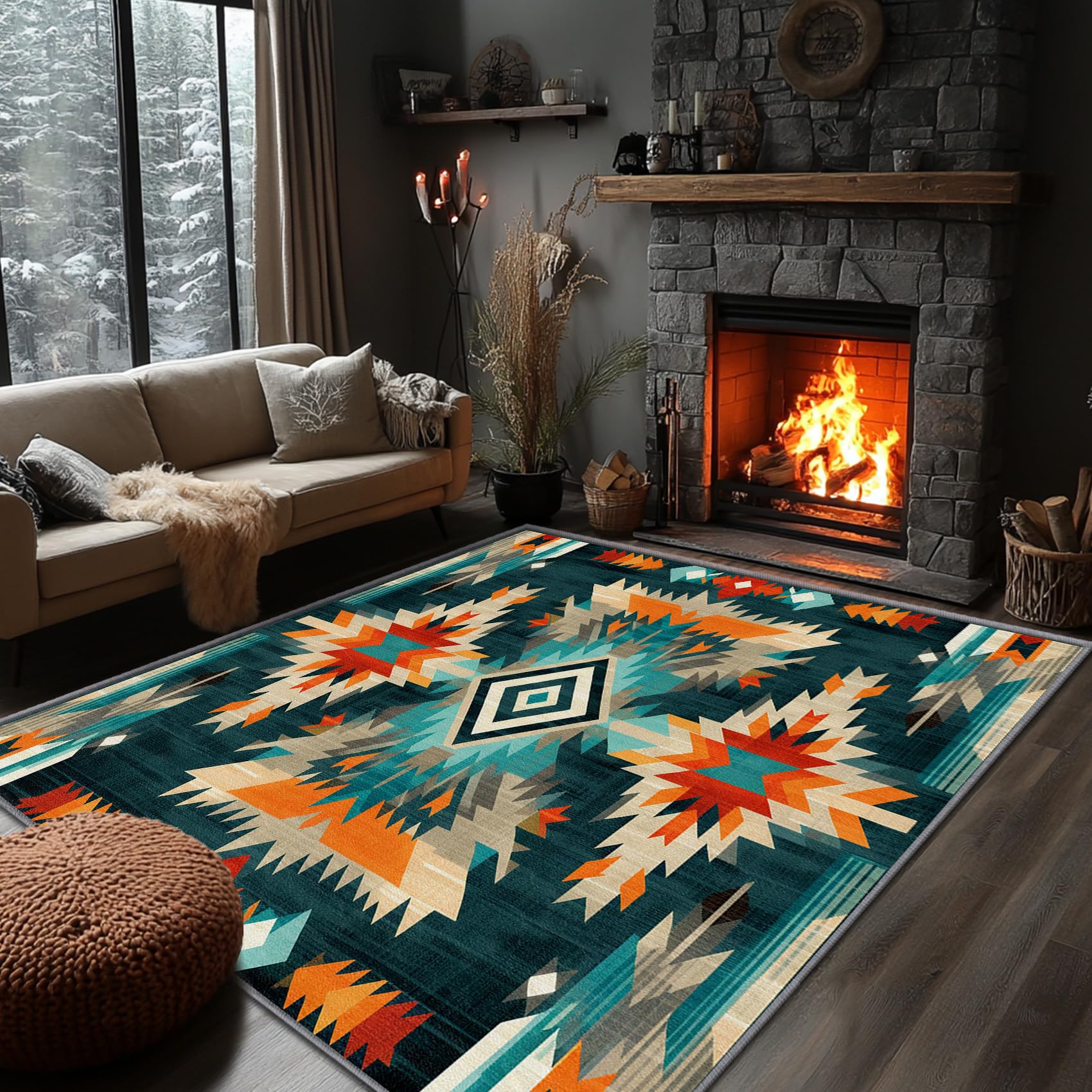 Yoozitrees Teal Aztec Rug - 5x6 Southwest Tribal Native American Area Rug, Colorful Geometric Southwestern Carpet, Washable & Non Slip & Soft Large