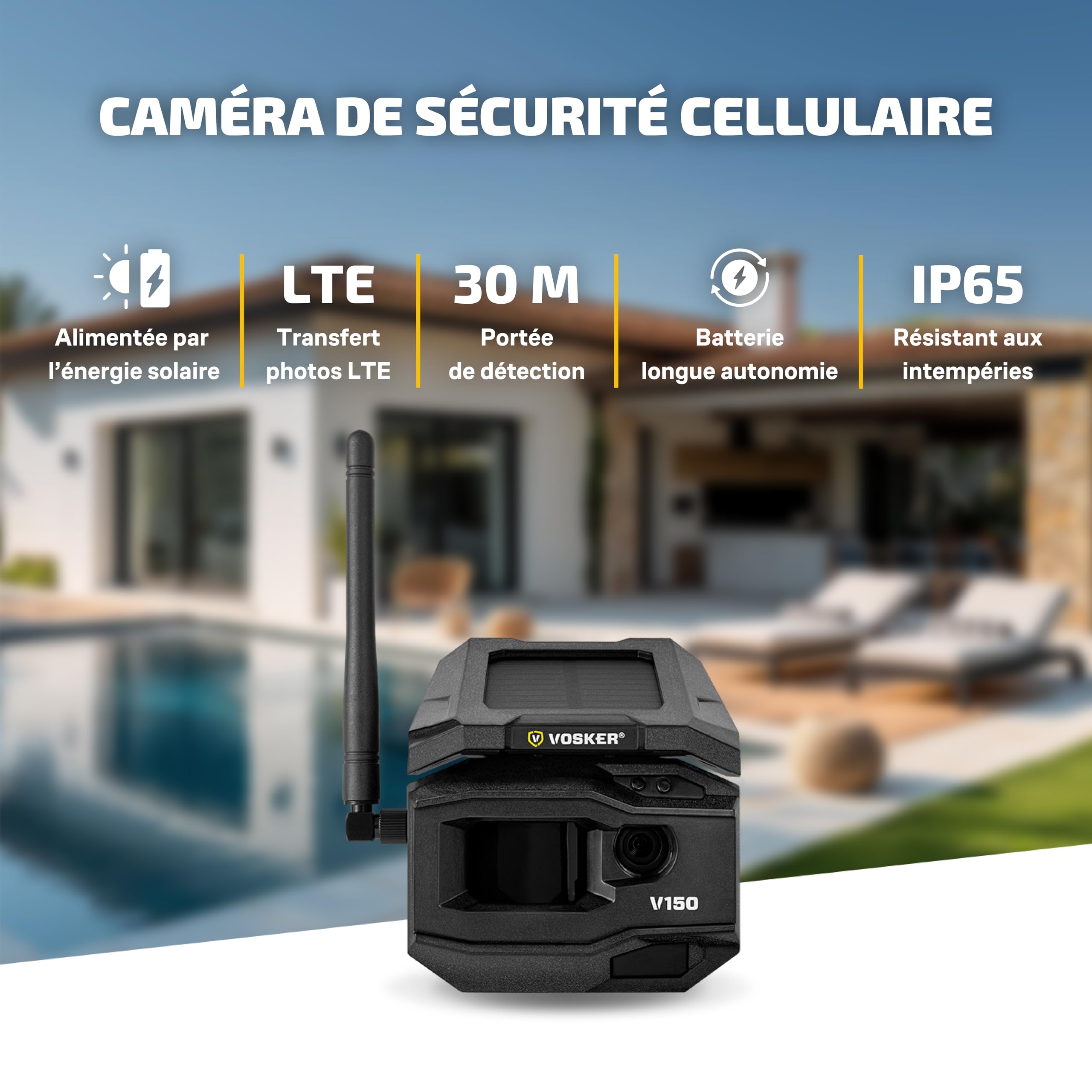 Vosker V150 Caméra Surveillance Solaire 4G-LTE, IP65