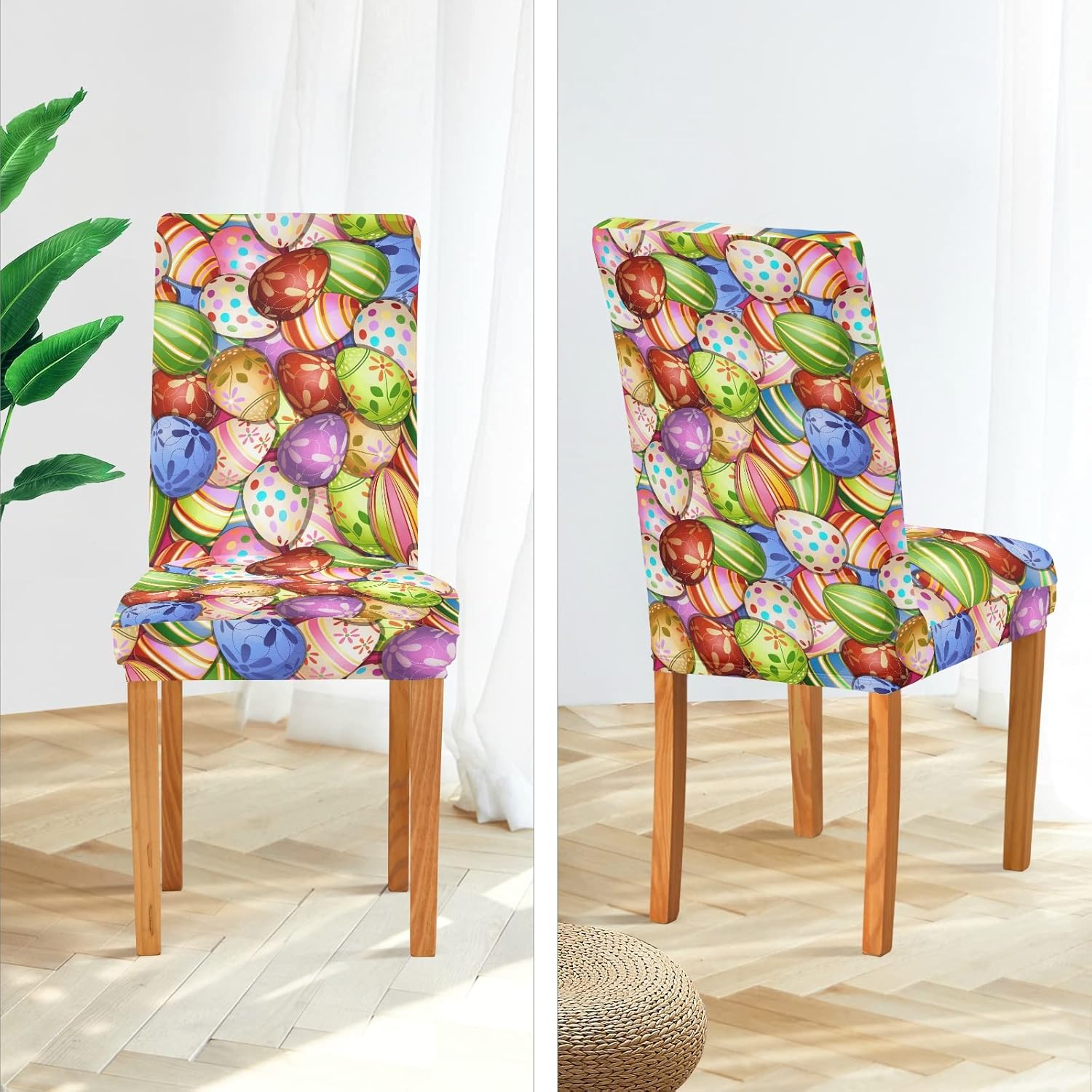 Ollabaky Easter Dining Chair Covers Set of 4, Colorful Easter Eggs Stretch Washable Removable Chair Slipcovers Protector Cover for Living Room Holiday Hotel Restaurant Ceremony Table Banquet