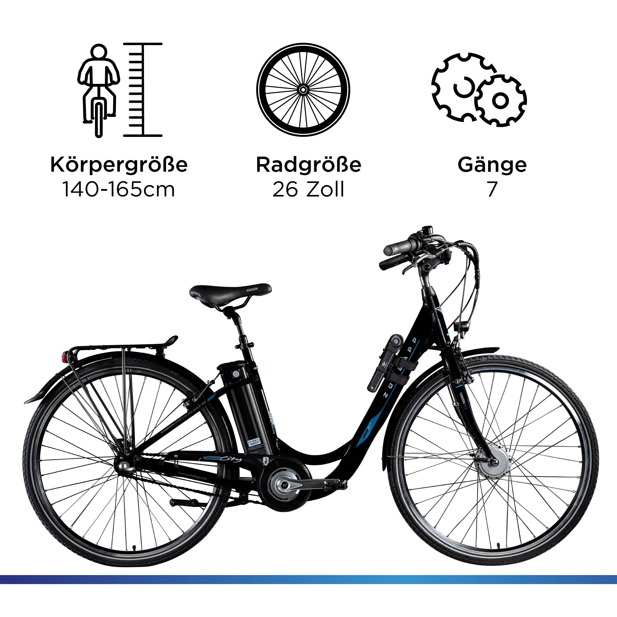 ZÜNDAPP E Bike City 26 Zoll | Elektro Fahrrad für 140-165 cm | 7 Gang Ebike Vorderrad Motor | E-Bike Elektrofahrrad mit Beleuchtung