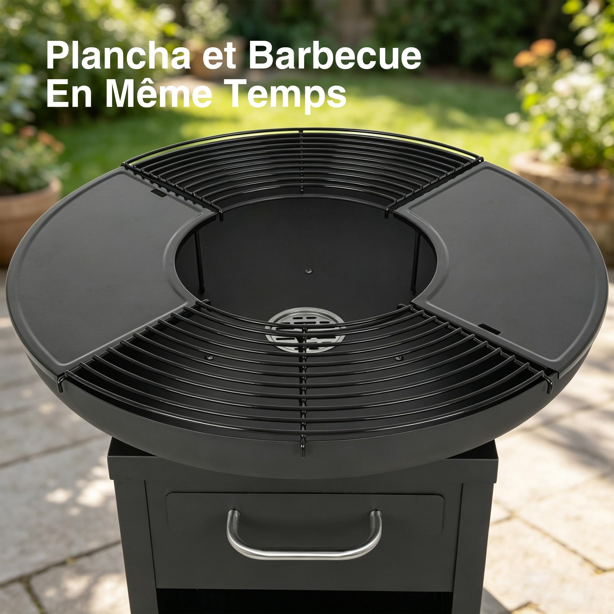 Bali Outdoors Grand Brasero Plancha Ø80 x 92 cm de hierro, juego de cocina exterior con placas y rejillas extraíbles, chimenea calefactora de jardín y terraza